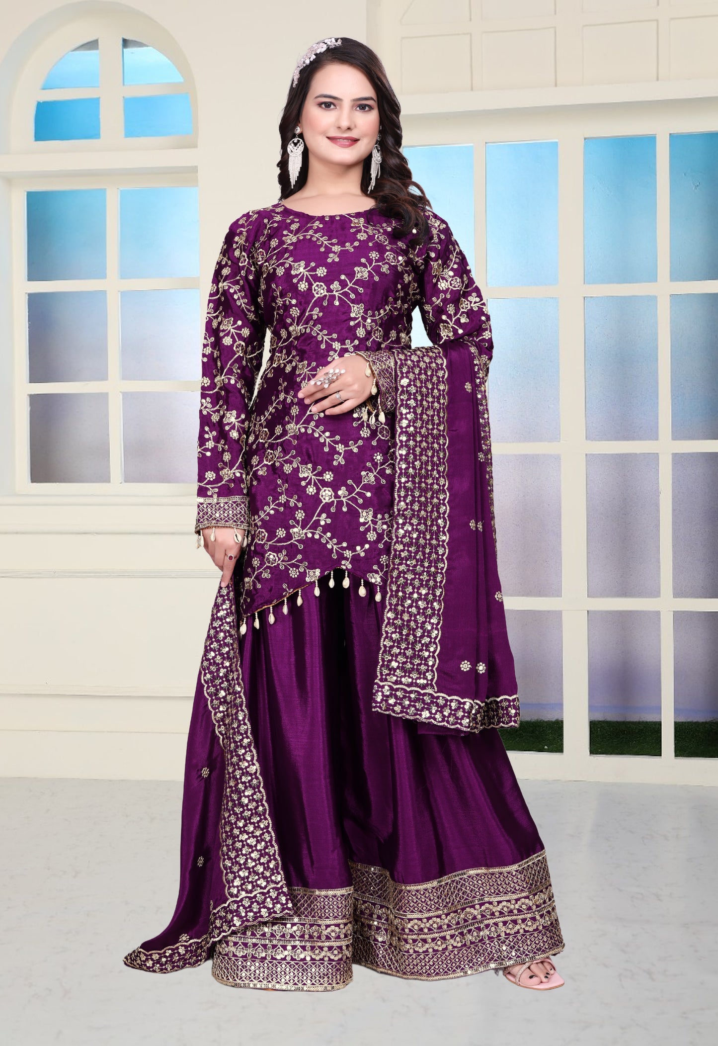 Chinon Sequence Embroidered Sharara Suit with Real Kodi Lace Border