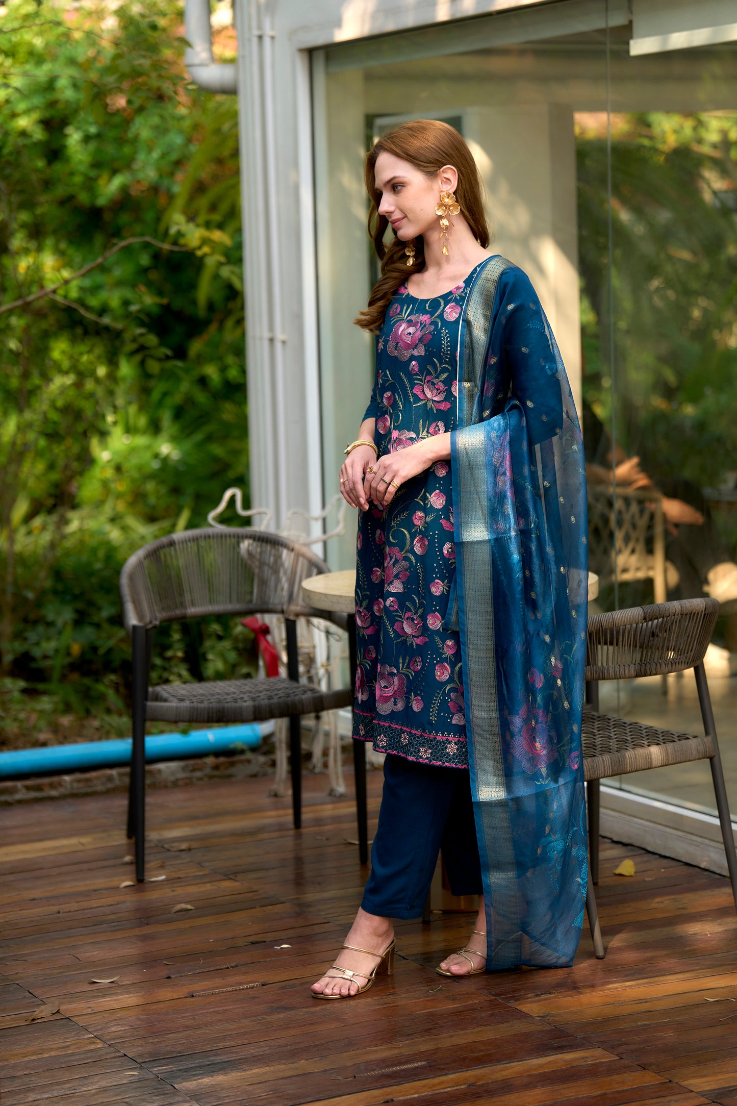 Firozi Blue Rayon Kurta Set with Embroidered Neckline & Organza Butti Dupatta