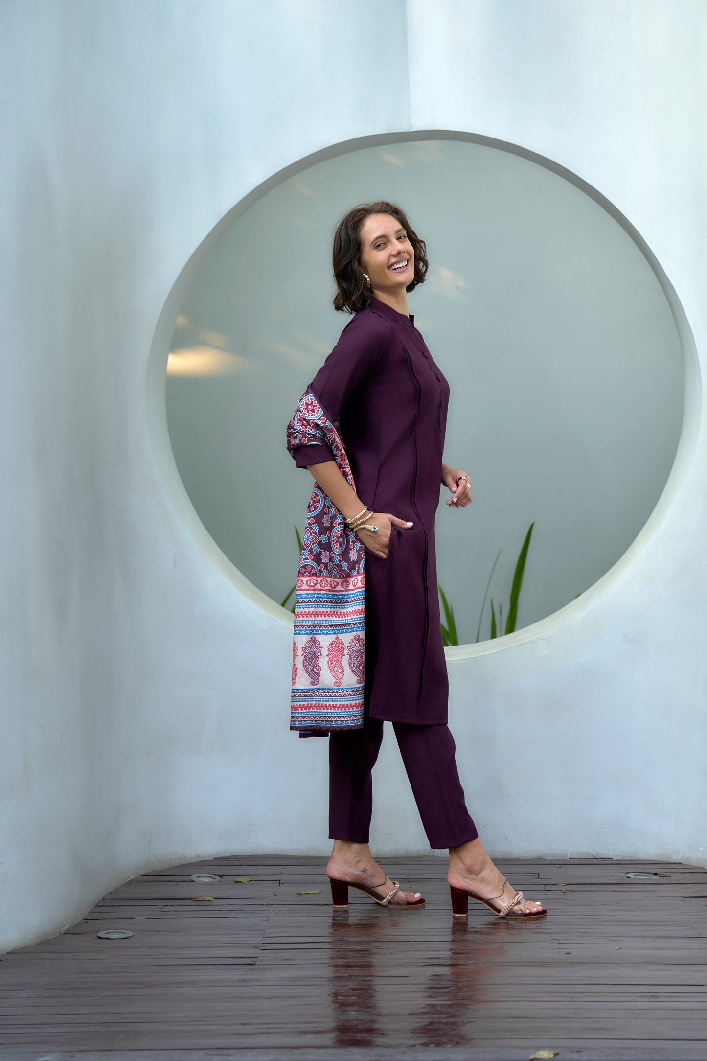 Wine Vatican Kurta Set with Embroidered Neckline and Chinnon Dupatta