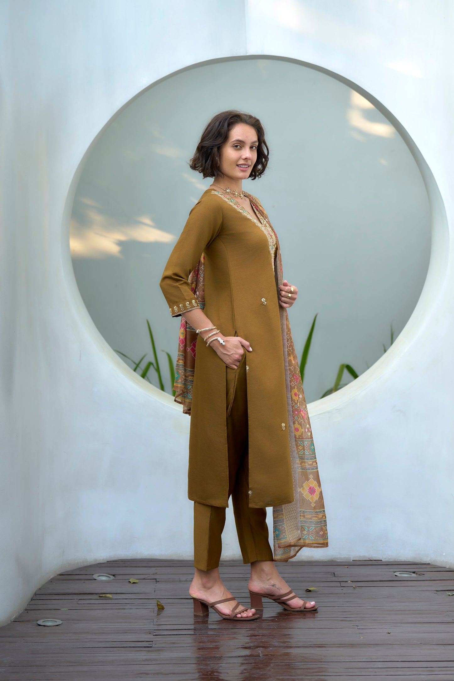 Brown Vatican Kurta Set with Embroidered Neckline & Chanderi Butti Dupatta