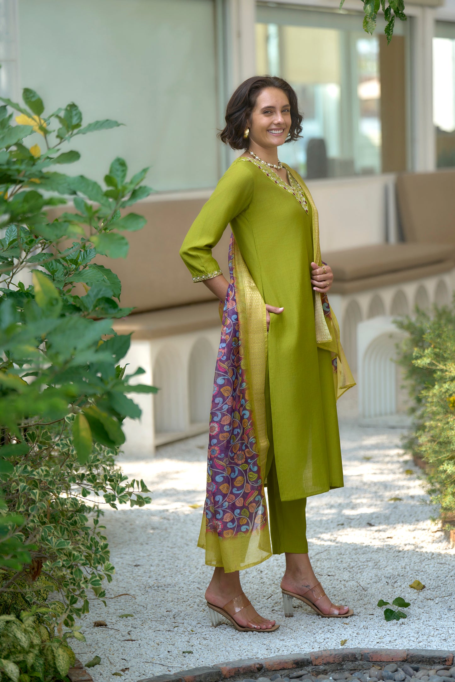 Lime Green Vatican Kurta Set with Embroidered Neckline & Chanderi Butti Dupatta