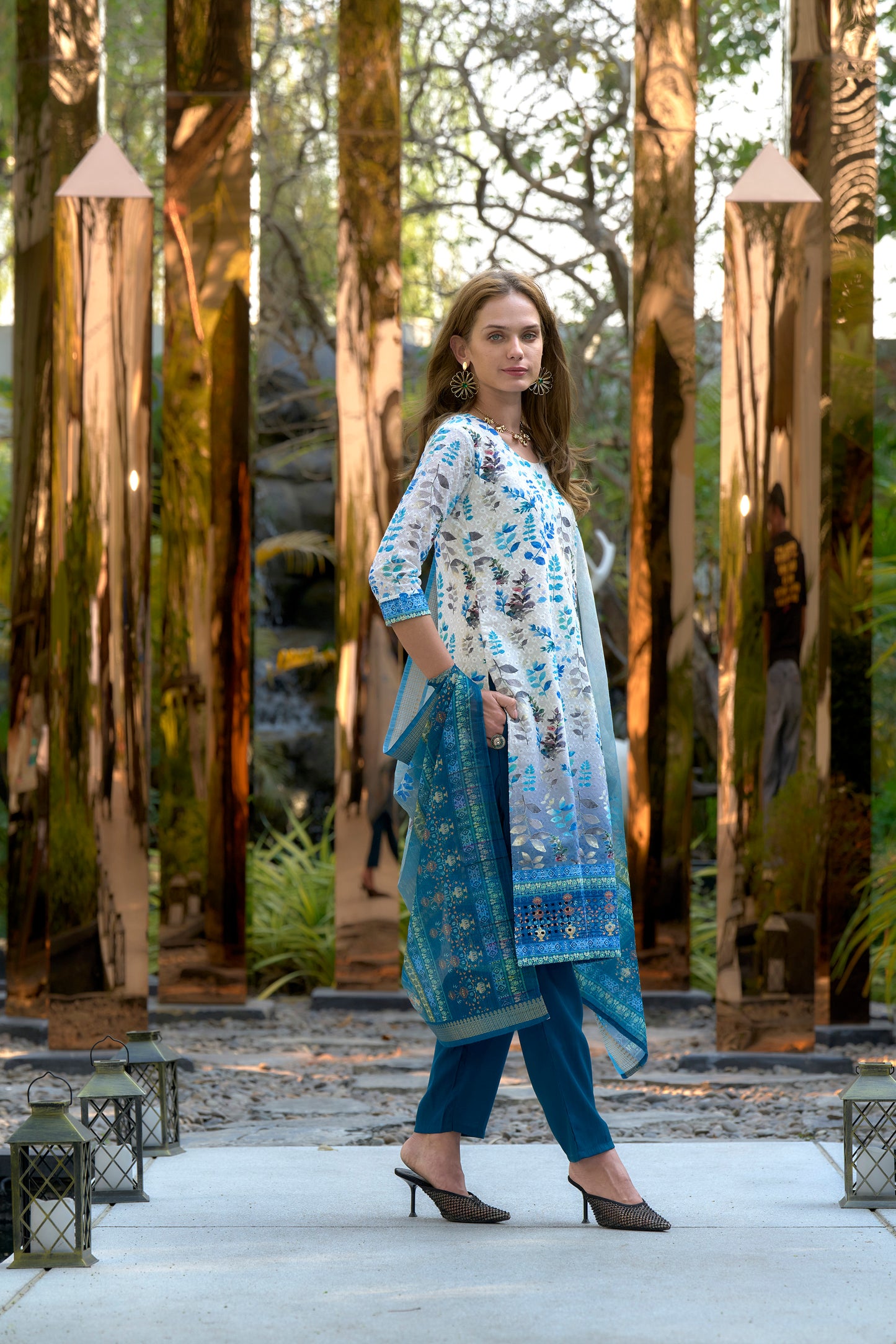 White & Blue Printed Cotton Kurta Set with Embroidered Neckline and Linen Dupatta