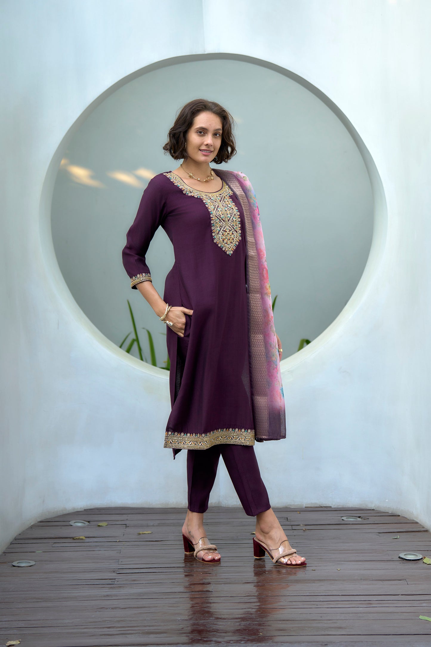 Purple Vatican Kurta Set with Embroidered Neckline & Chanderi Butti Dupatta