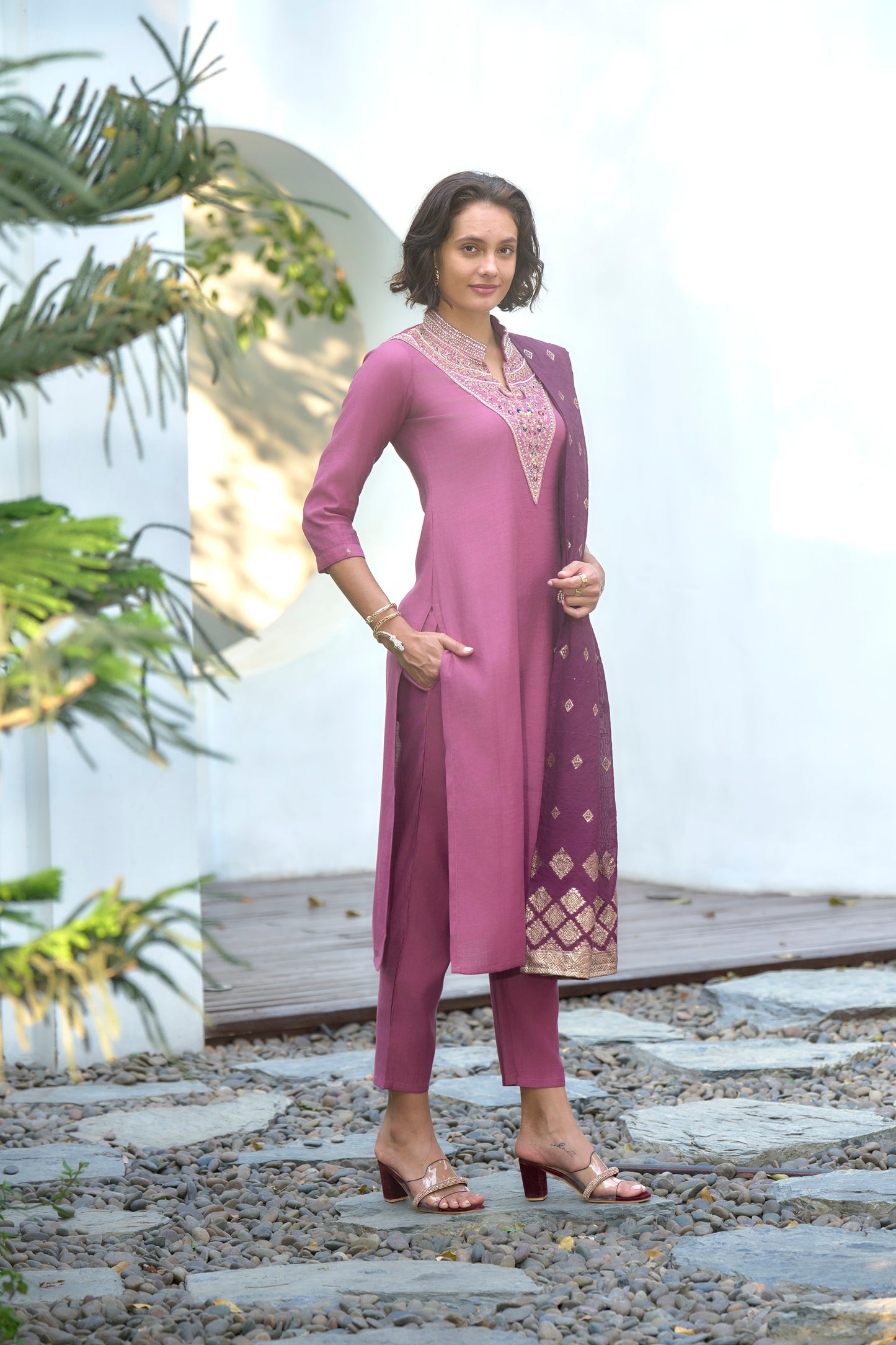 Pink Vatican Kurta Set with Embroidered Neckline & Chanderi Jacquard Dupatta