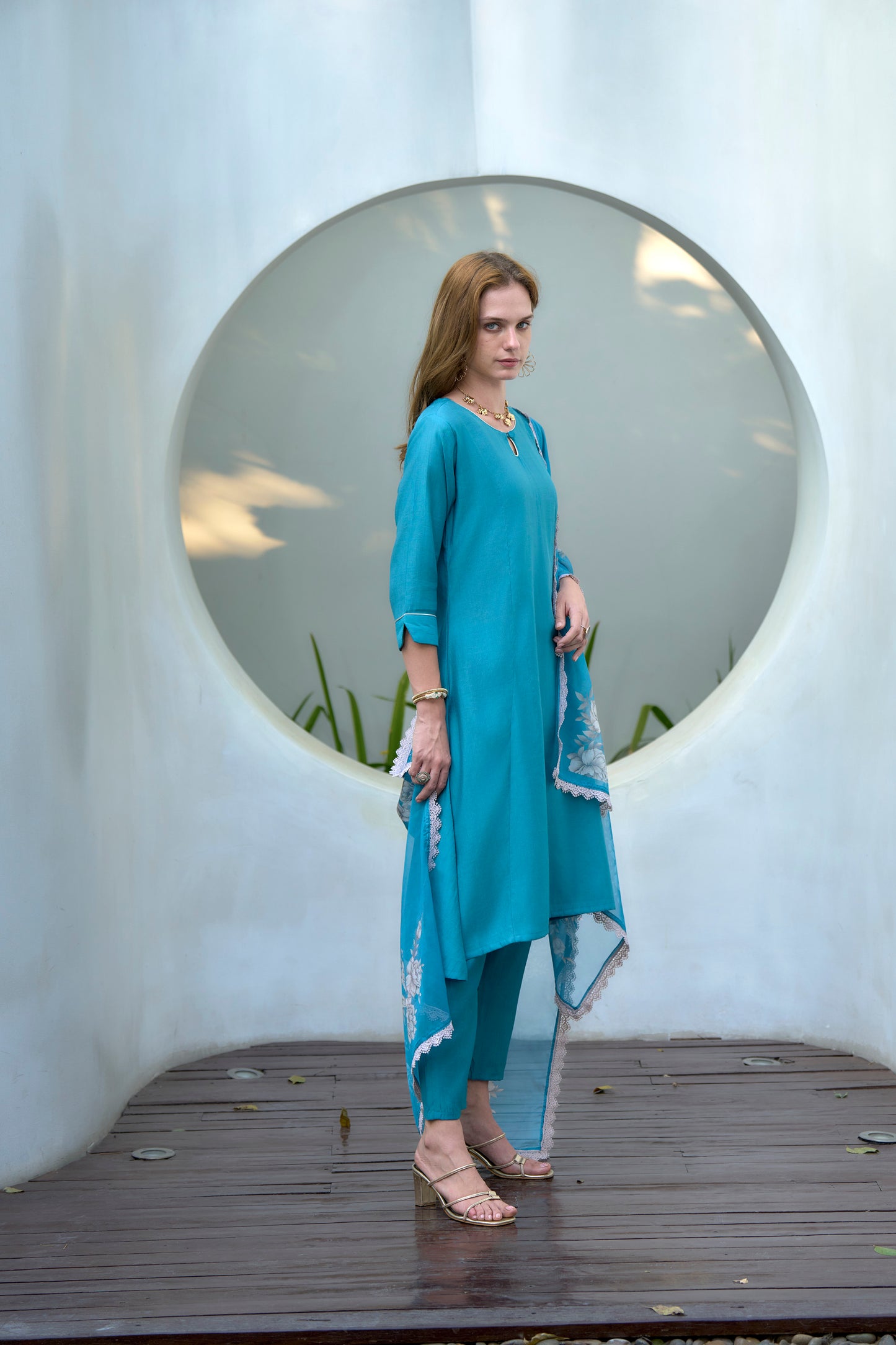 Sky Blue Vatican Kurta Set with Embroidered Neckline and Organza Dupatta