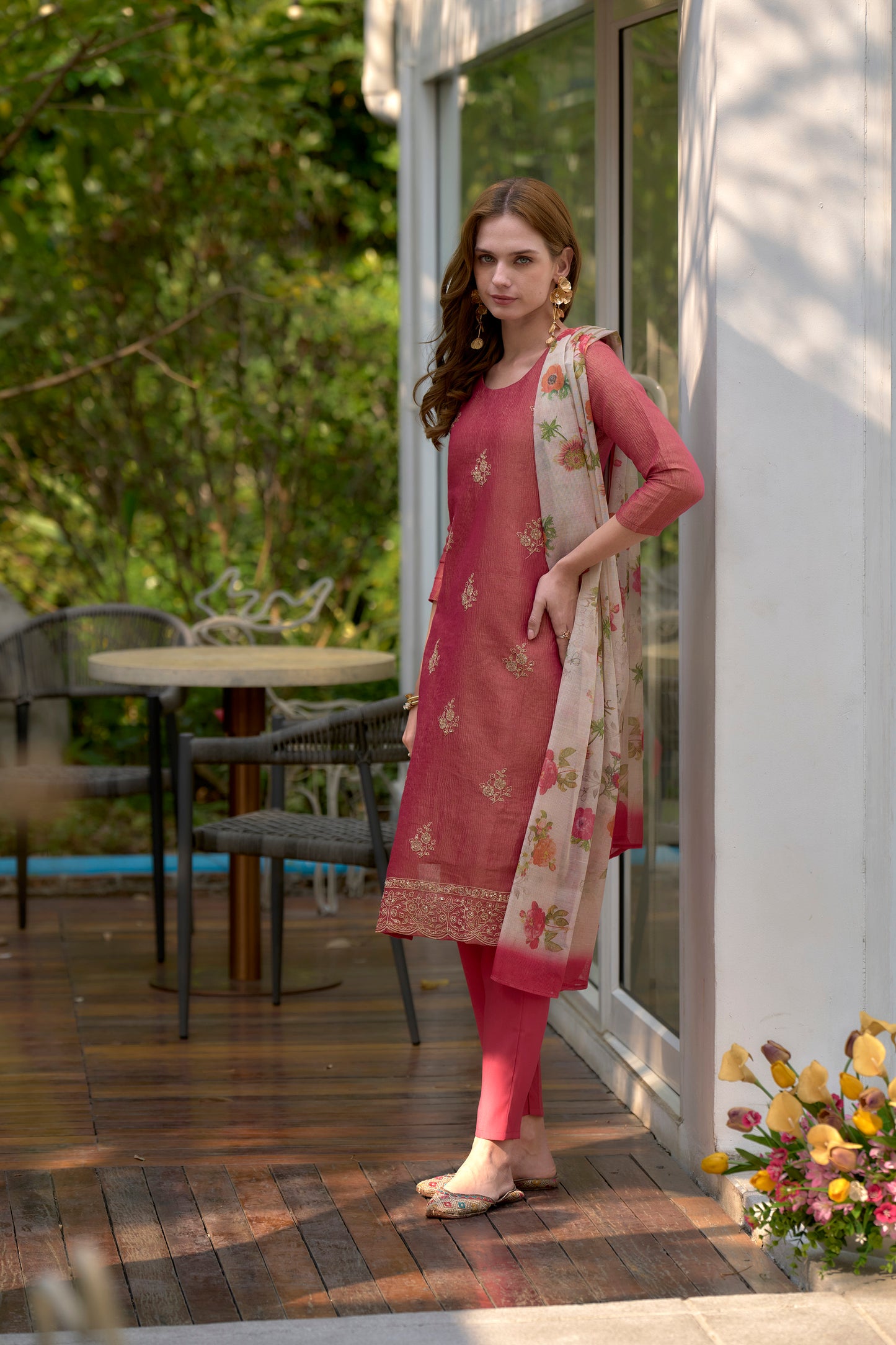 Pink Tissue Kurta Set with Embroidered Neckline & Coordinated Dupatta