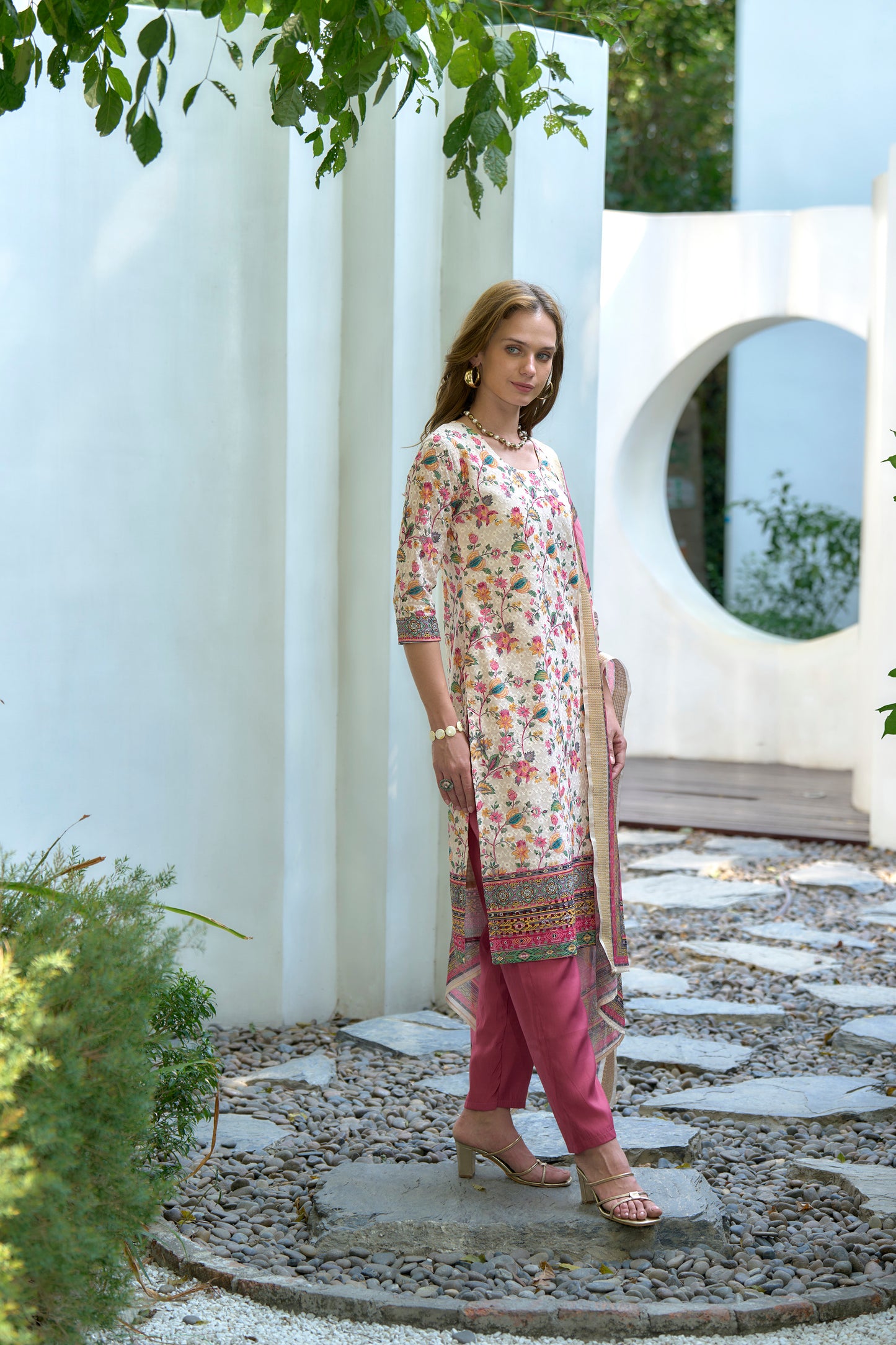 White & Pink Printed Cotton Kurta Set with Embroidered Neckline and Linen Dupatta