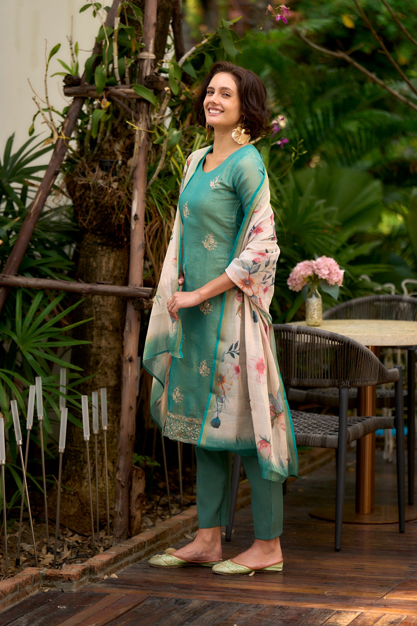 Bottle Green Tissue Kurta Set with Embroidered Neckline & Matching Dupatta