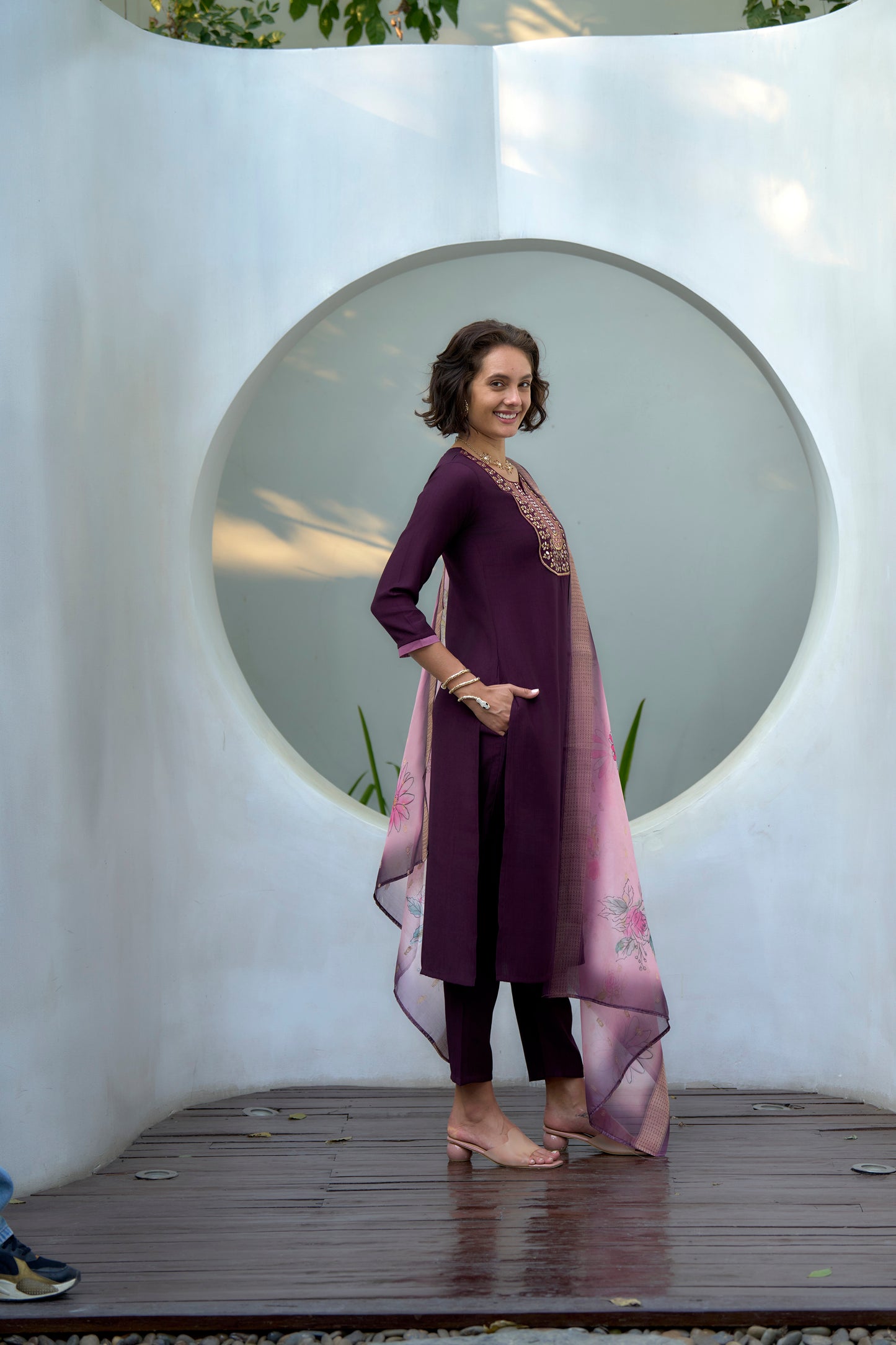 Purple Vatican Kurta Set with Embroidered Neckline & Organza Butti Dupatta