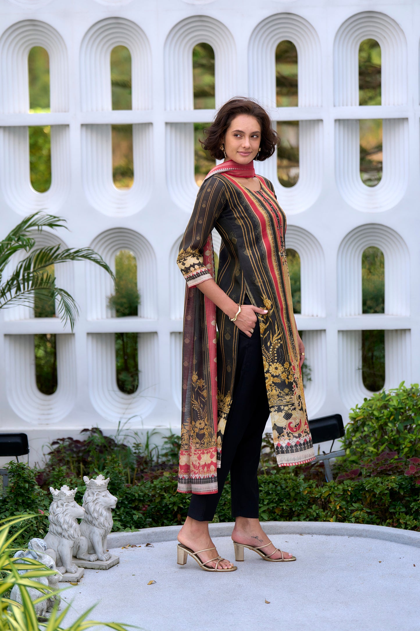 Elegant Black Silk Blend Kurta Set with Embroidered Neckline & Dupatta