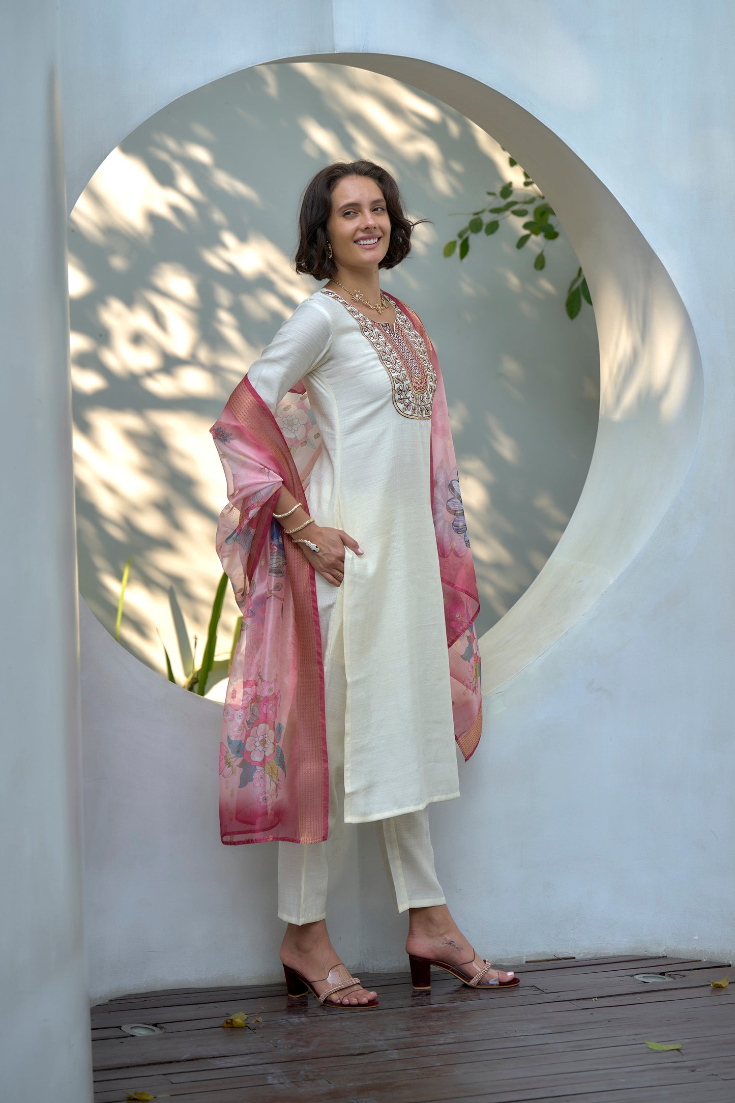 Off-White Vatican Kurta Set with Embroidered Neckline & Organza Butti Dupatta