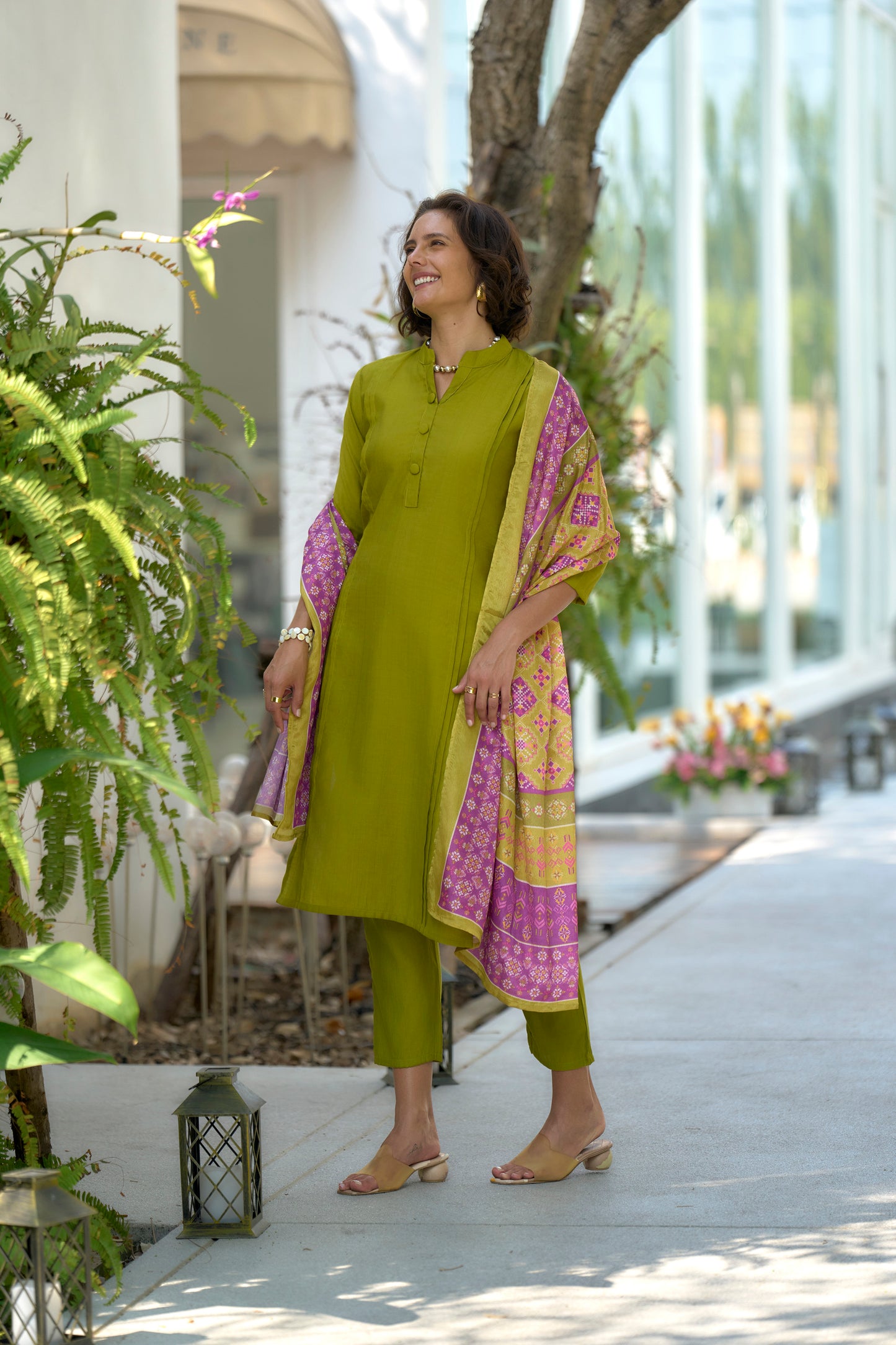 Mehendi Green Vatican Kurta Set with Embroidered Neckline and Chinnon Dupatta
