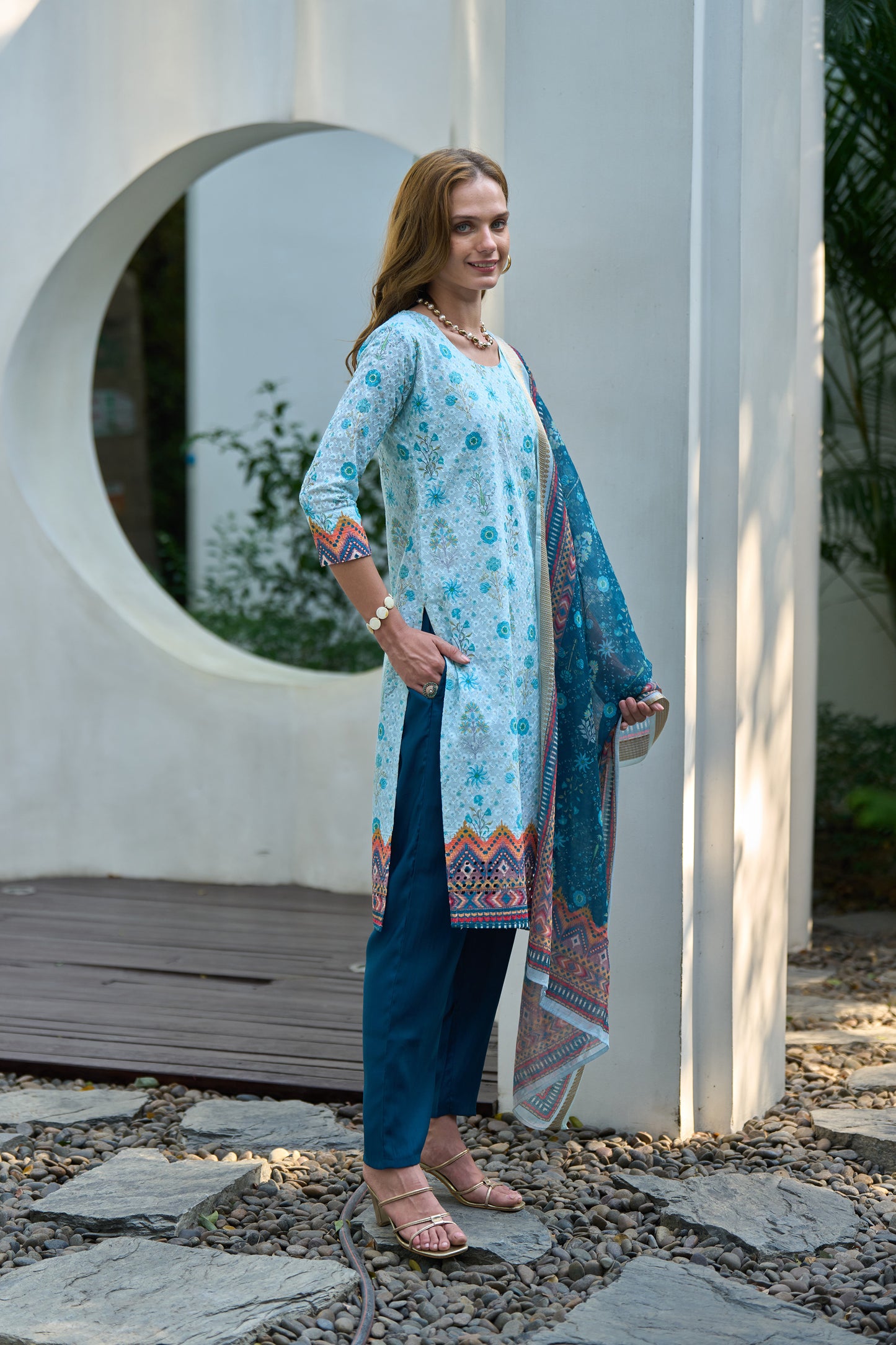 Sky Blue Cotton Printed Kurta Set with Embroidered Neckline & Linen Dupatta