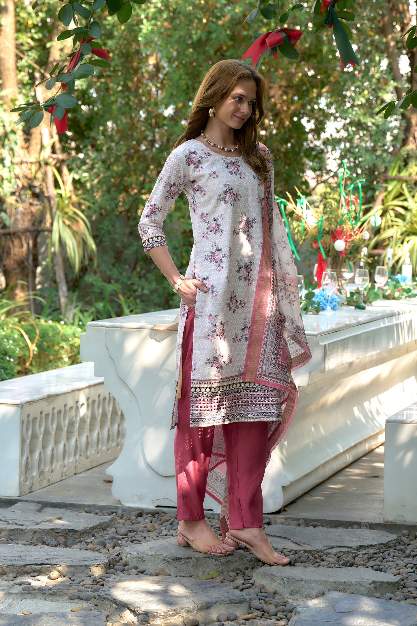 White Cotton Printed Kurta Set with Embroidered Neckline & Linen Dupatta