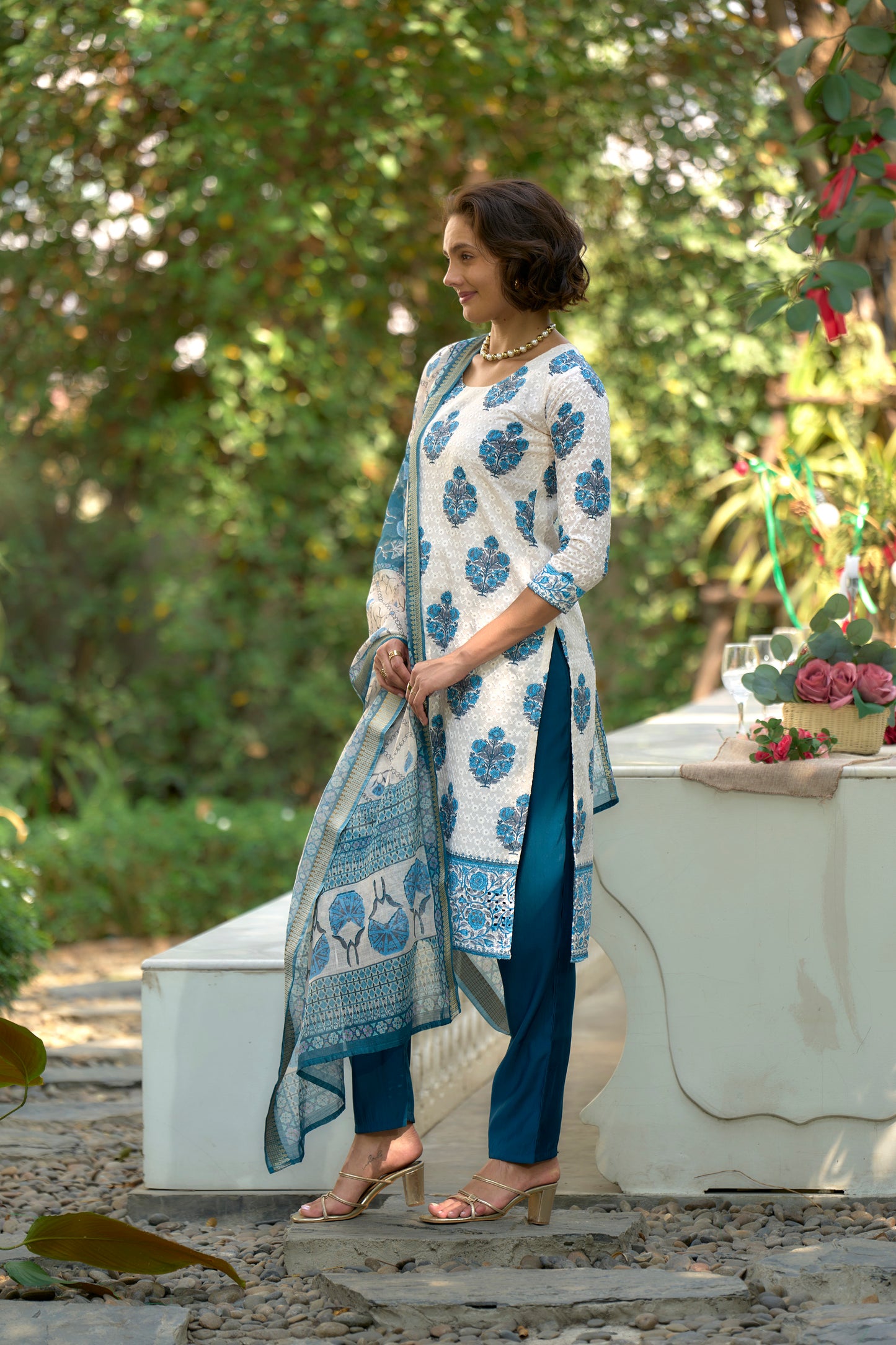 White Cotton Printed Kurta Set with Embroidered Neckline & Linen Dupatta