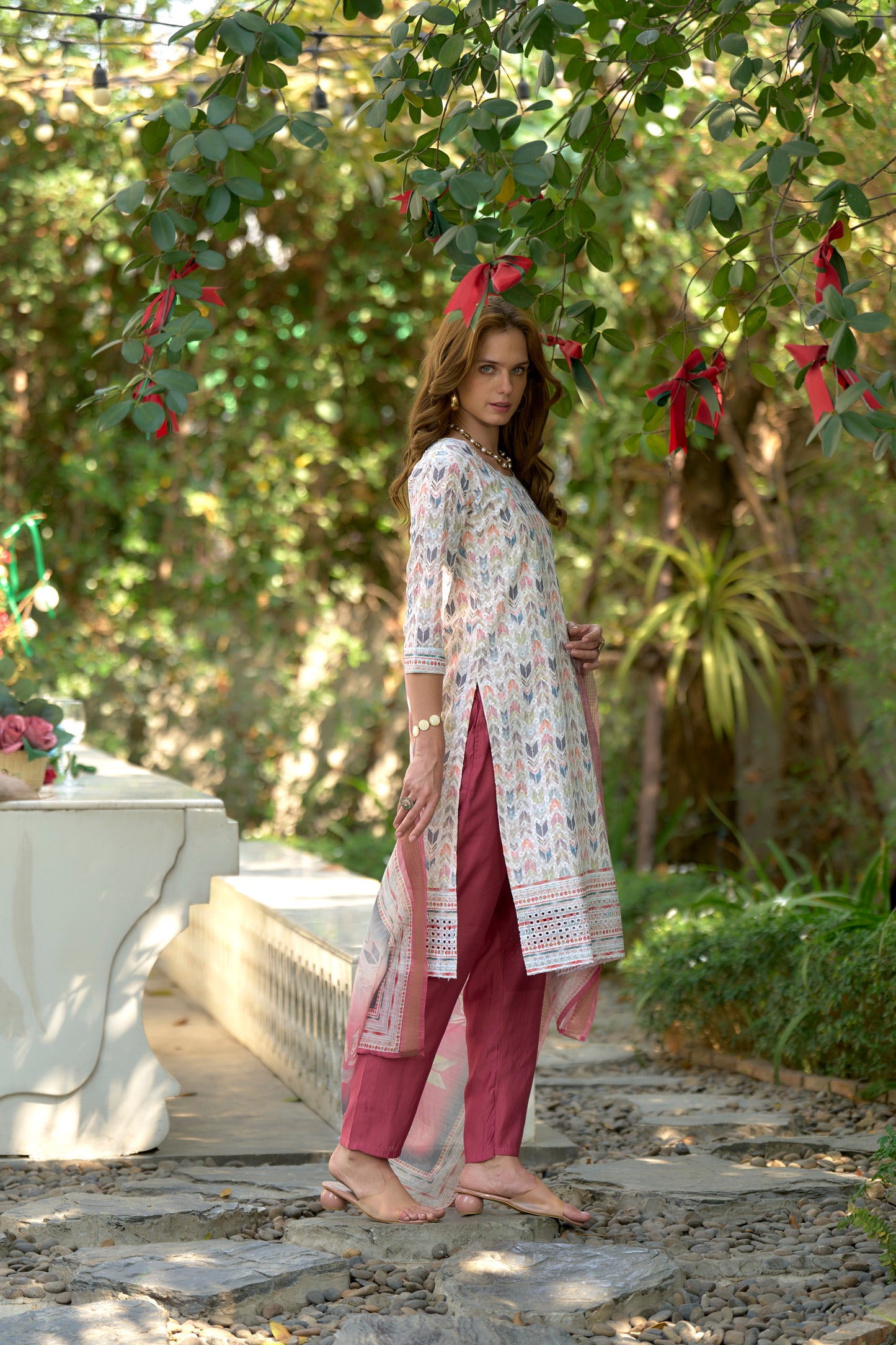 White Cotton Printed Kurta Set with Embroidered Neck & Linen Dupatta