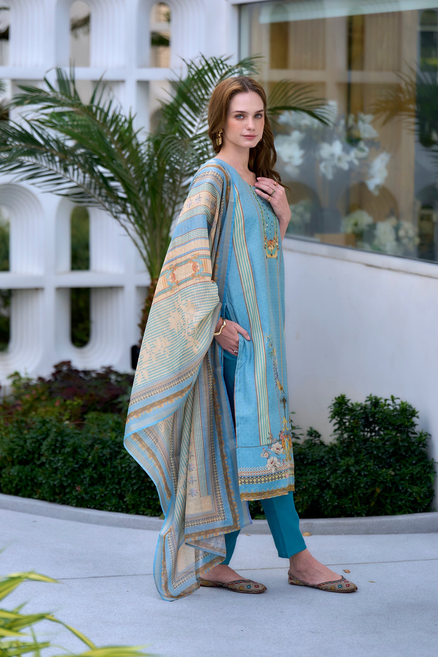 Graceful Sky Blue Silk Blend Kurta Set with Embroidered Neckline & Dupatta