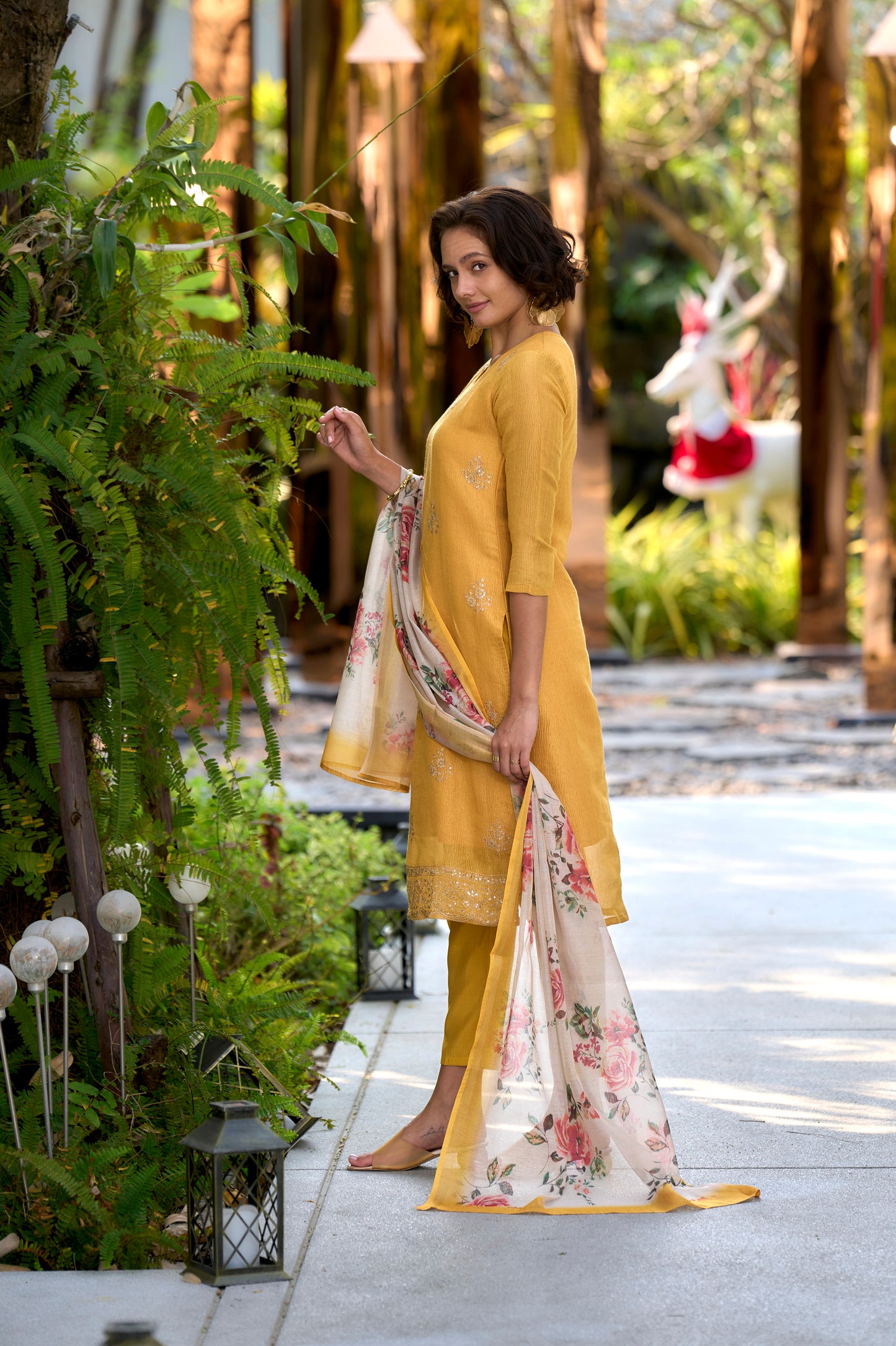 Yellow Tissue Kurta Set with Embroidered Neckline & Coordinated Dupatta