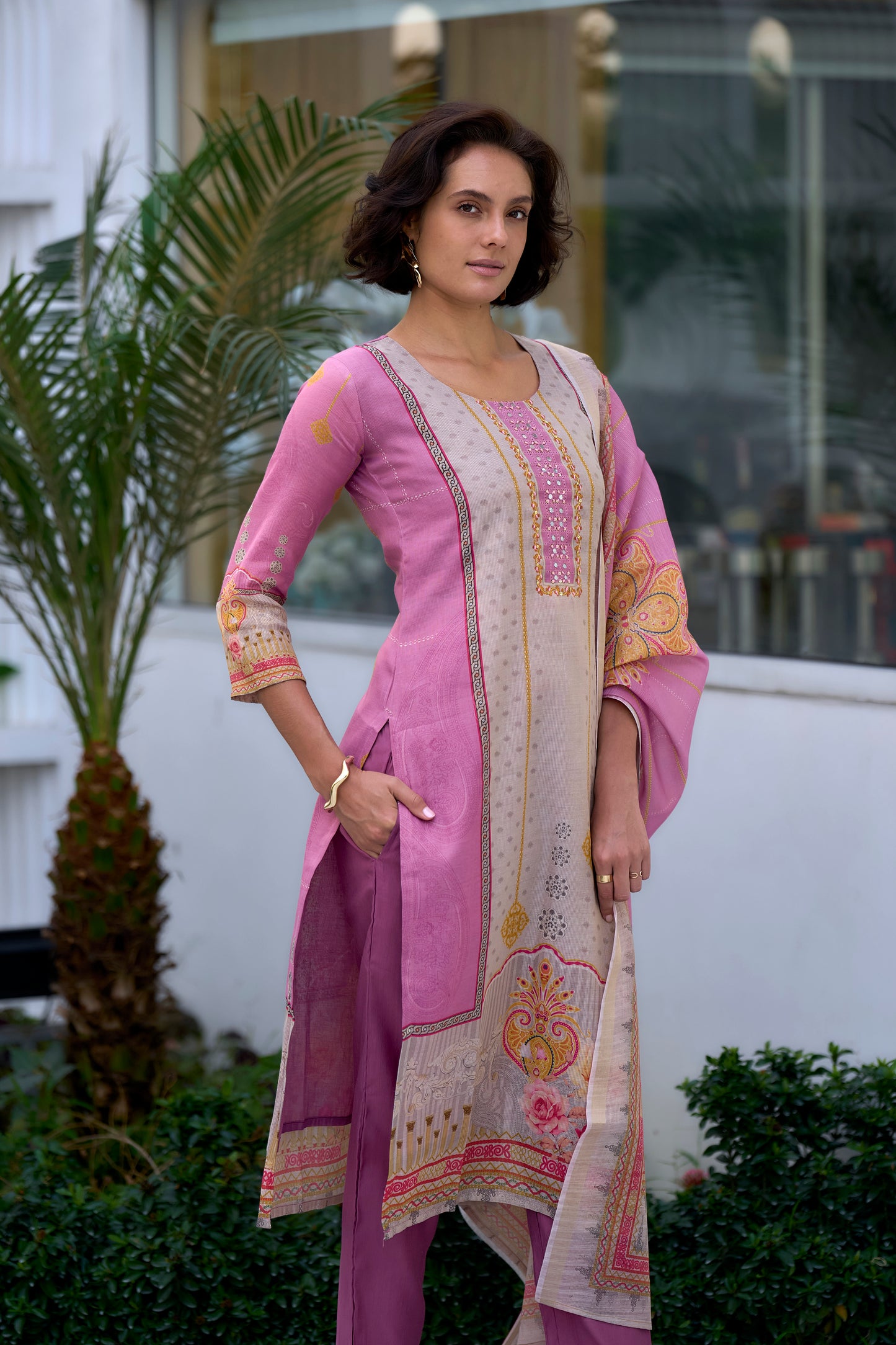 Elegant Pink Silk Blend Kurta Set with Embroidered Neckline & Dupatta