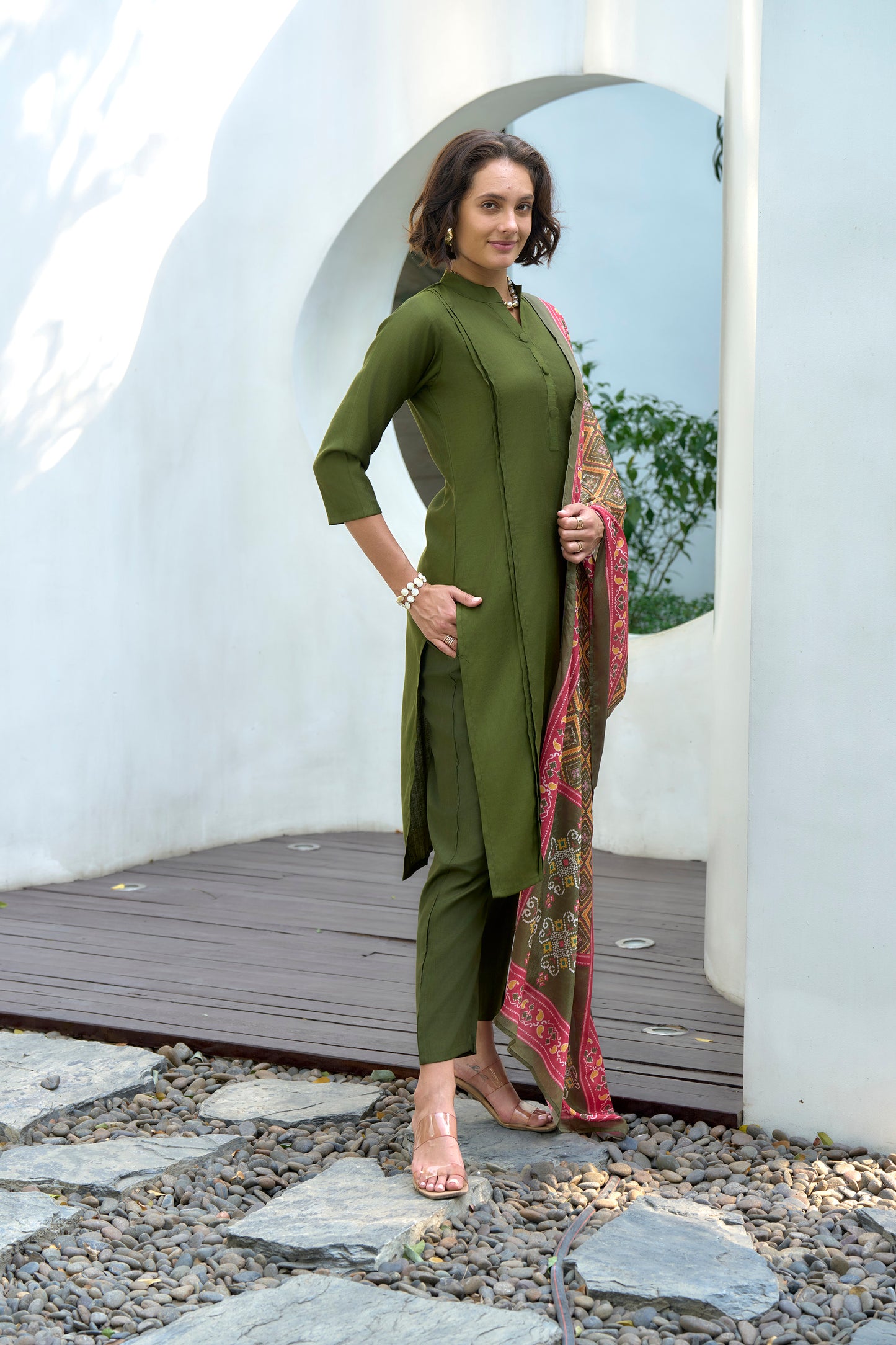 Green Vatican Kurta Set with Embroidered Neckline & Chinnon Dupatta
