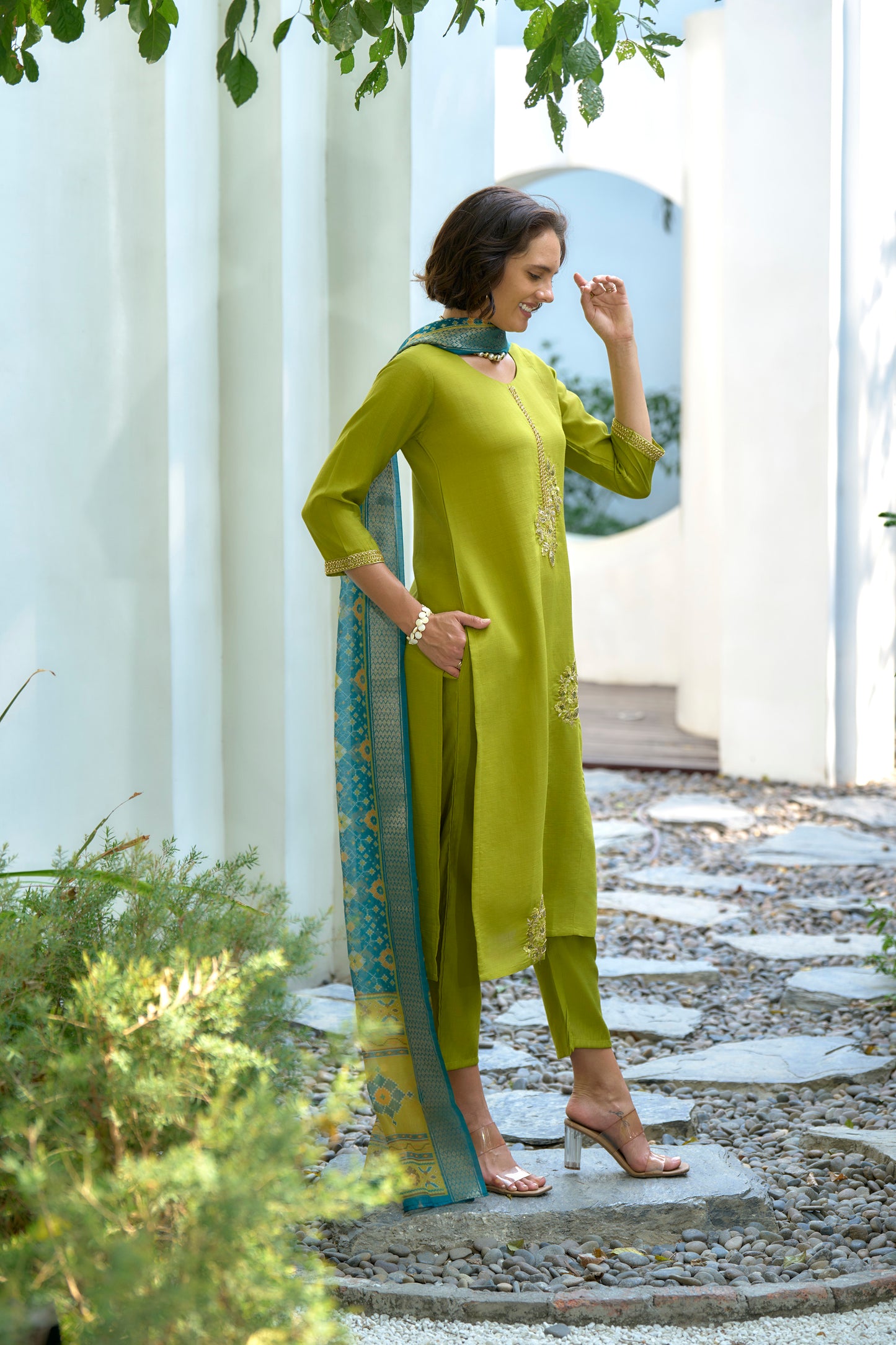 Lime Green Vatican Kurta Set with Embroidered Neckline & Chanderi Butti Dupatta