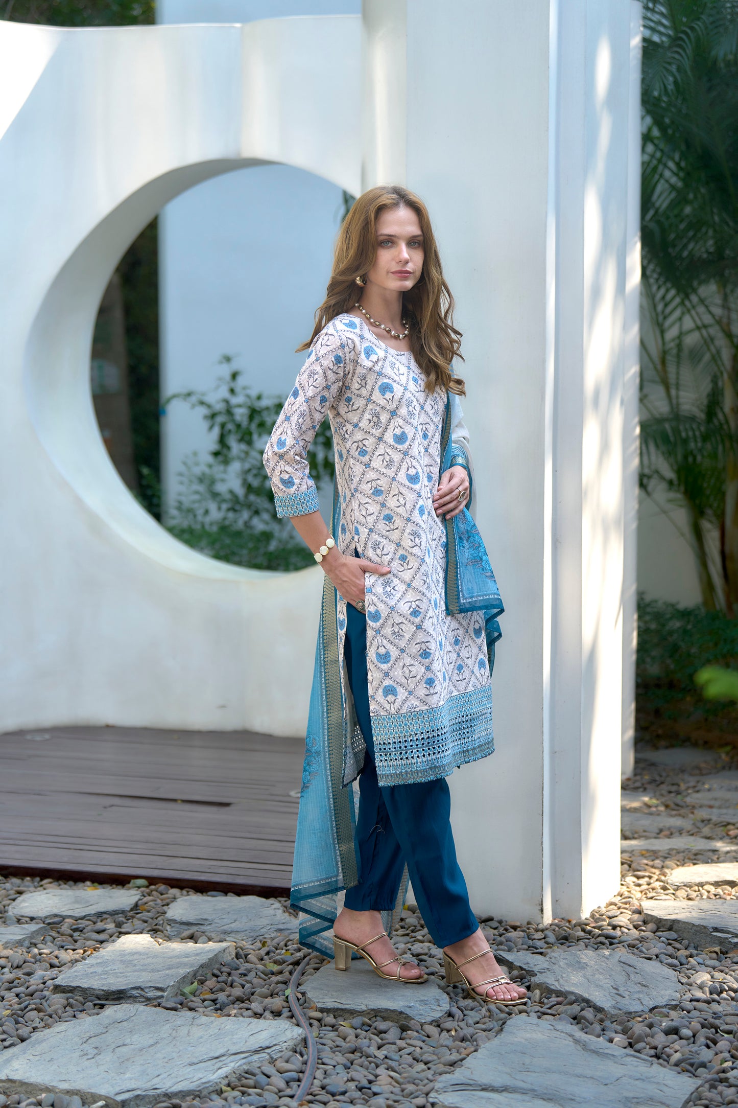 White Cotton Printed Kurta Set with Embroidered Neck & Linen Dupatta