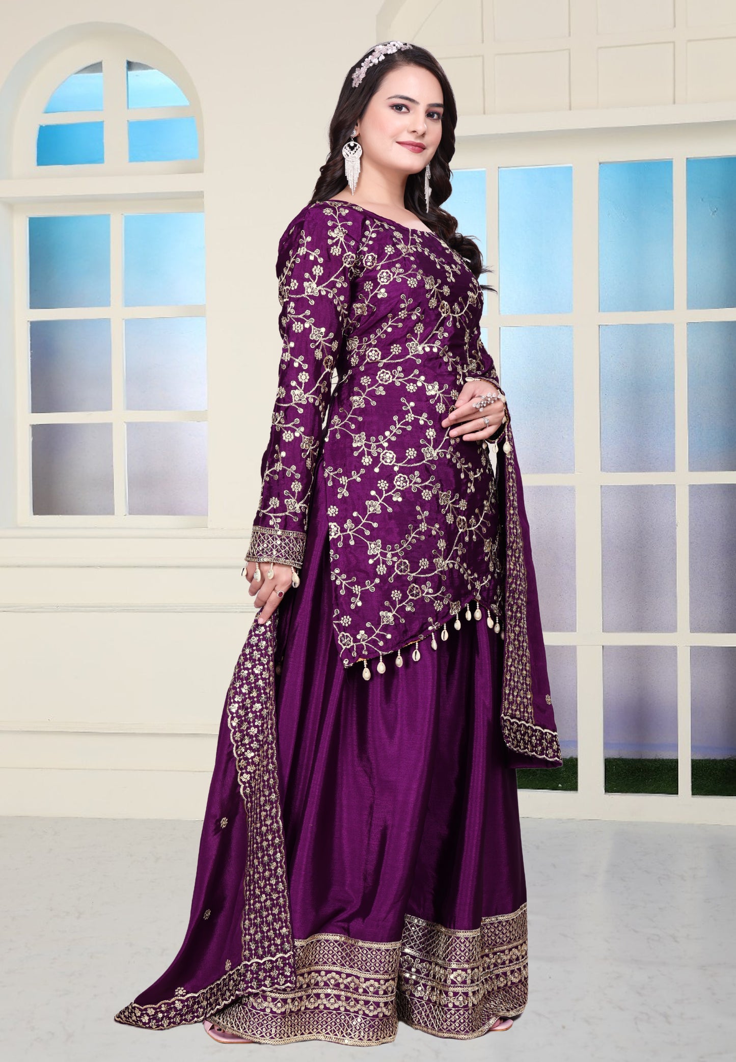 Chinon Sequence Embroidered Sharara Suit with Real Kodi Lace Border