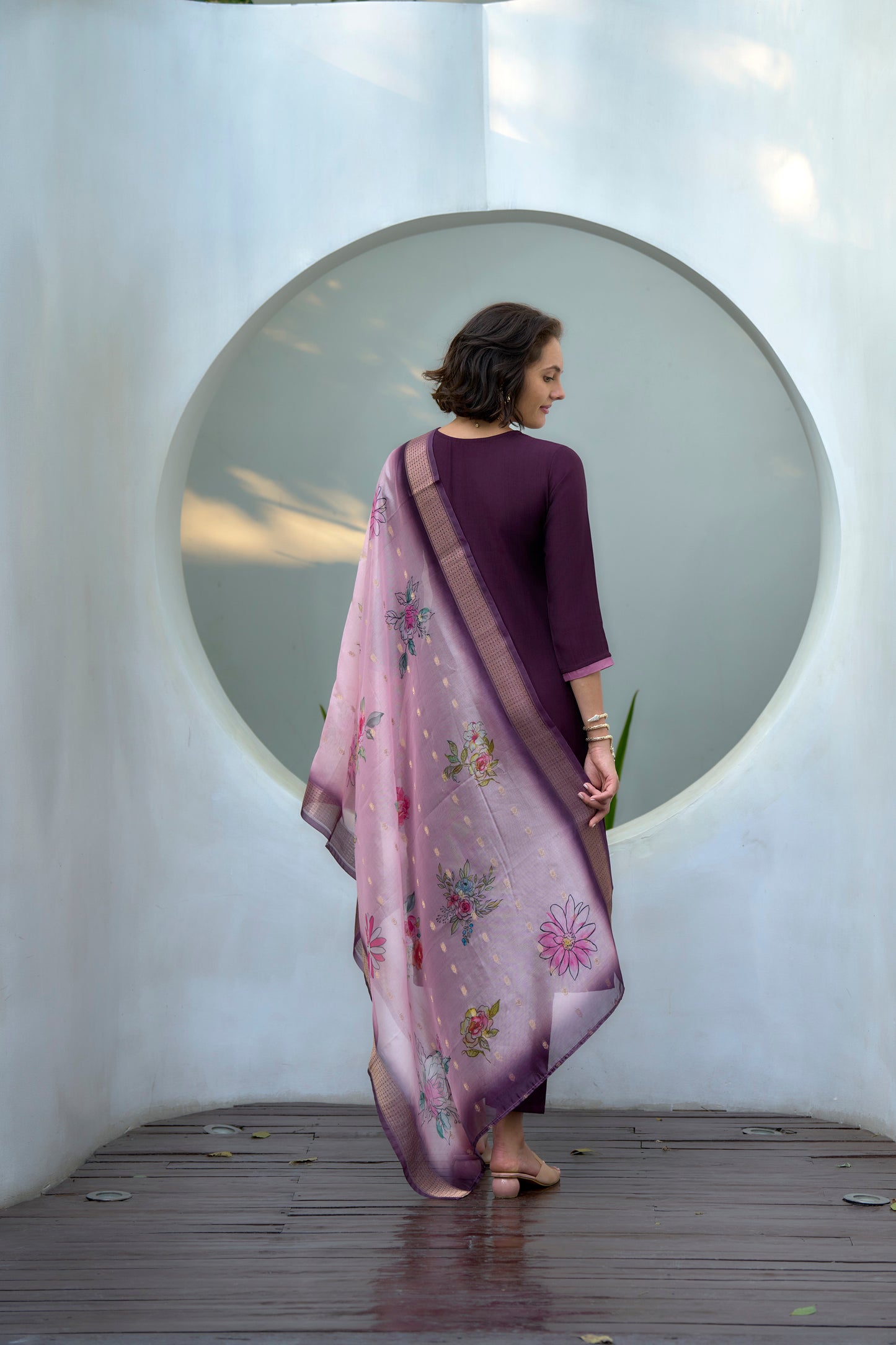 Purple Vatican Kurta Set with Embroidered Neckline & Organza Butti Dupatta