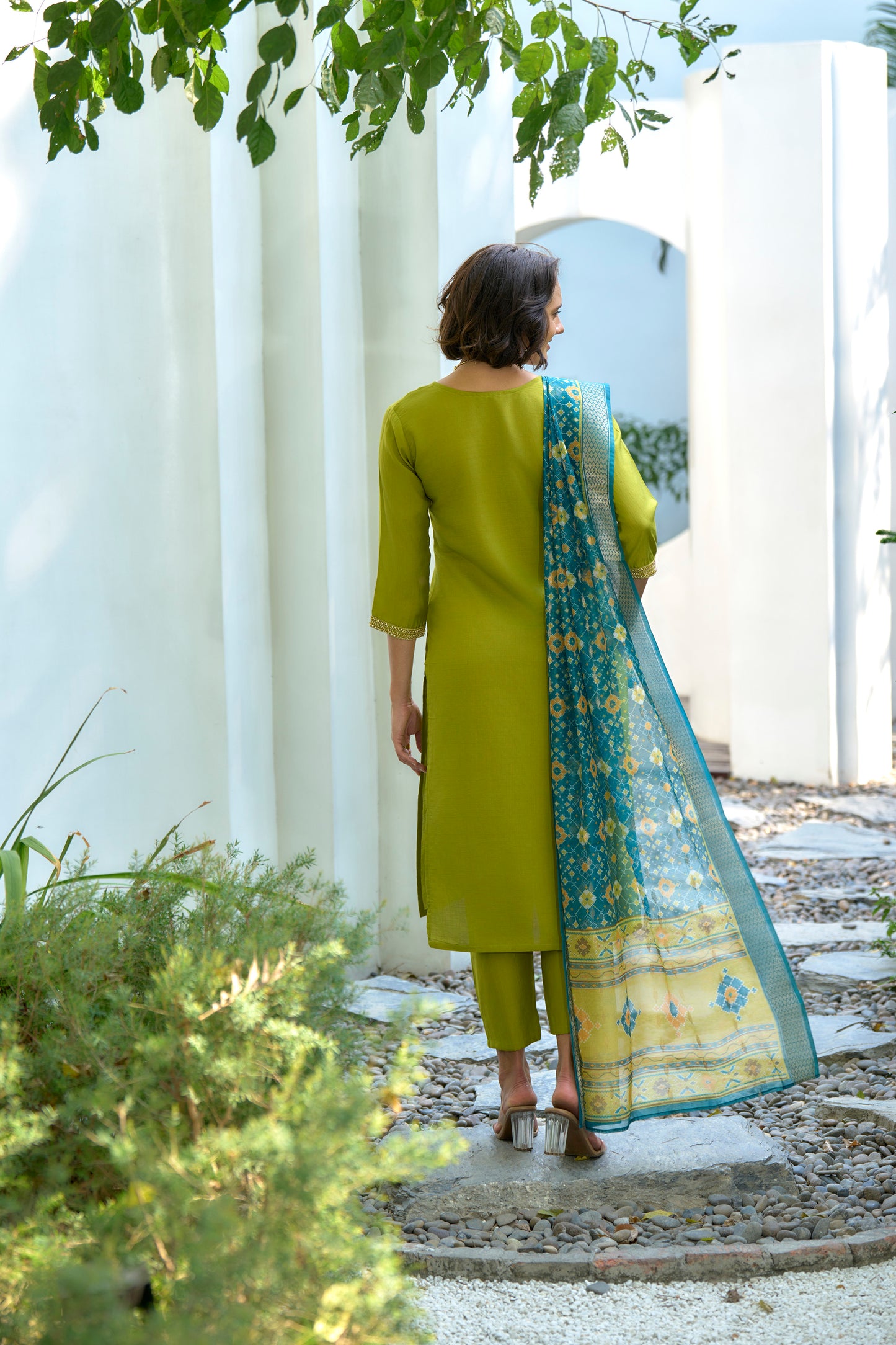 Lime Green Vatican Kurta Set with Embroidered Neckline & Chanderi Butti Dupatta