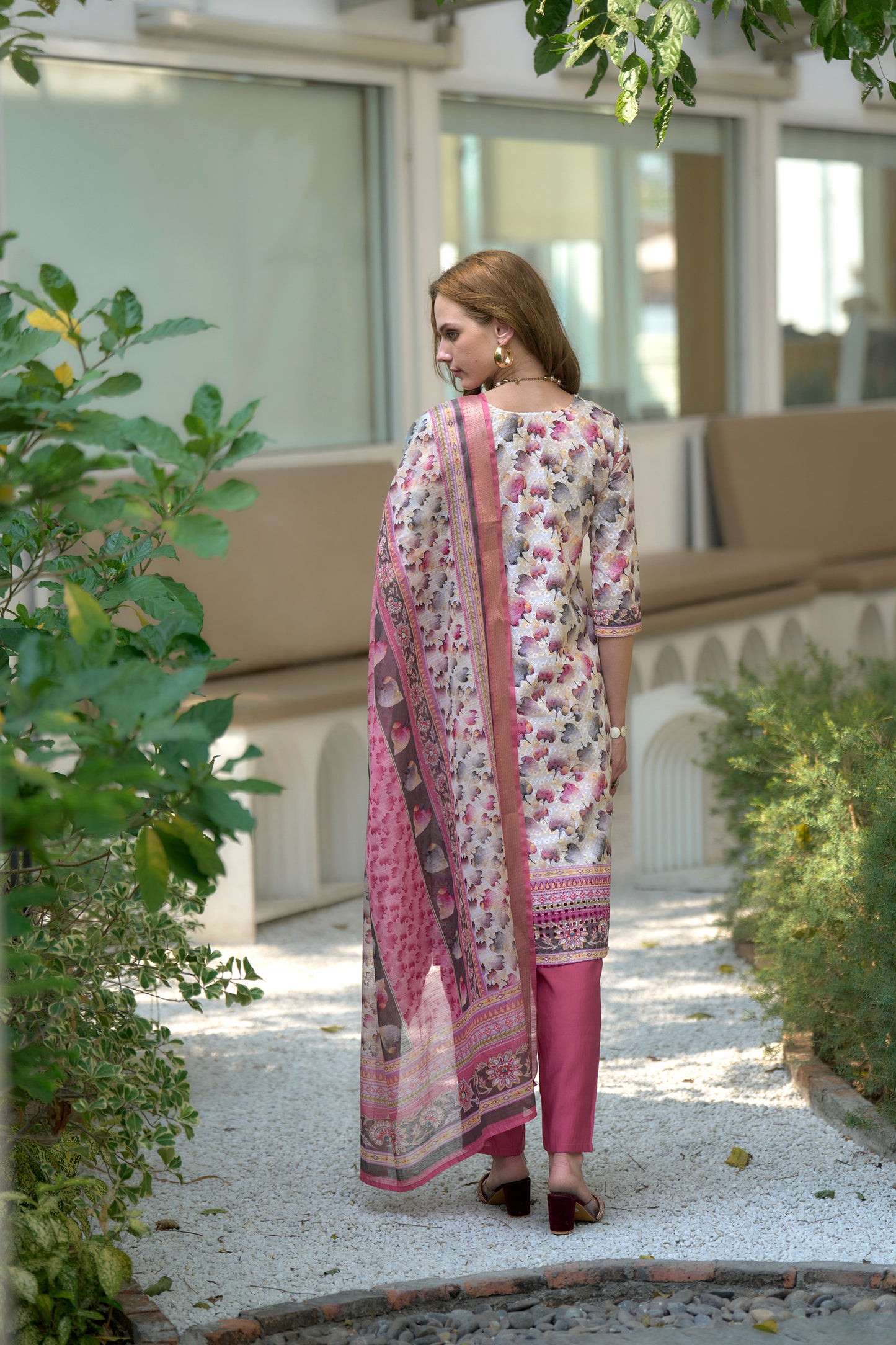 White & Pink Cotton Printed Kurta Set with Embroidered Neckline & Linen Dupatta