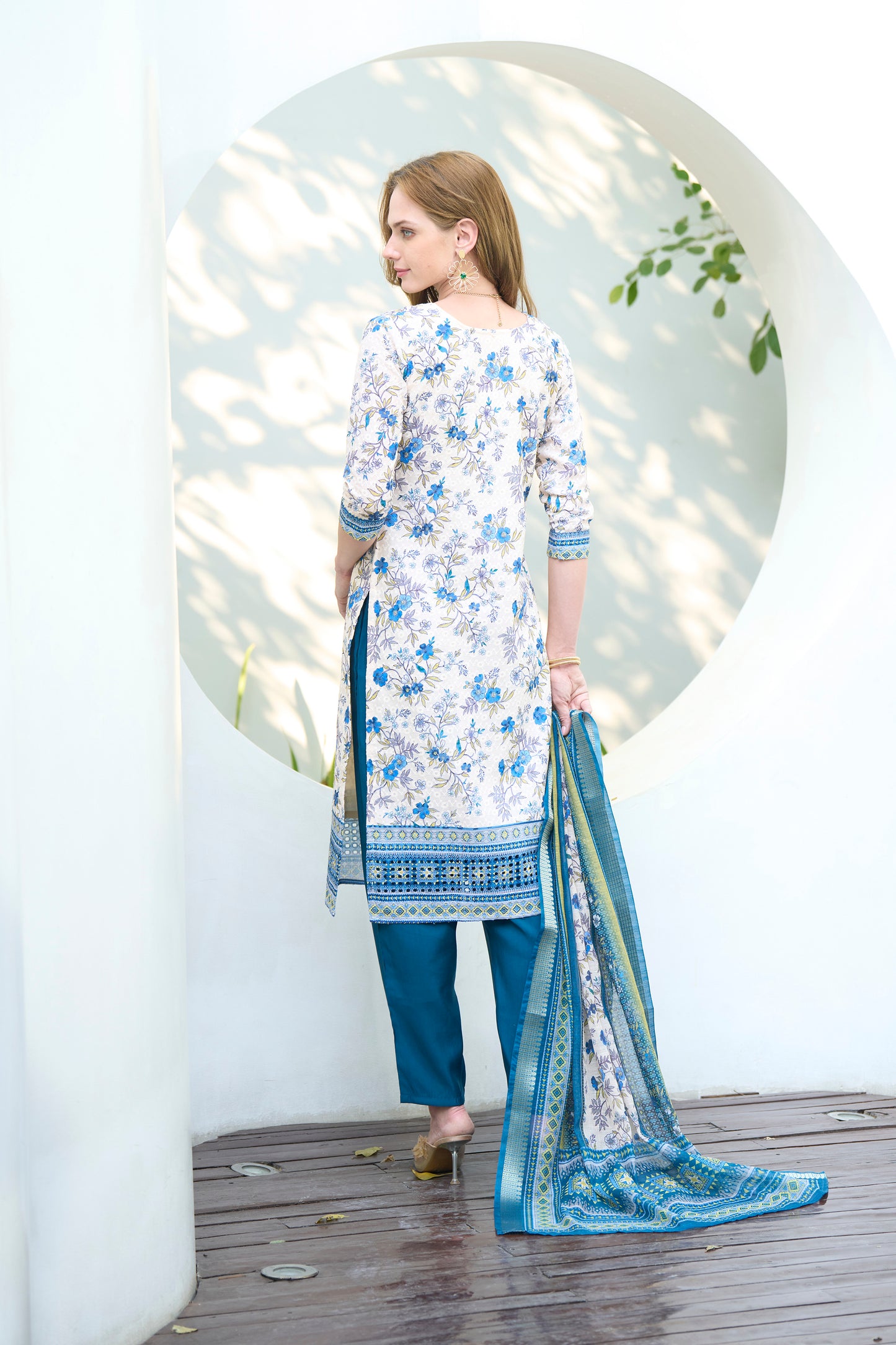 White & Blue Printed Cotton Kurta Set with Embroidered Neckline and Linen Dupatta