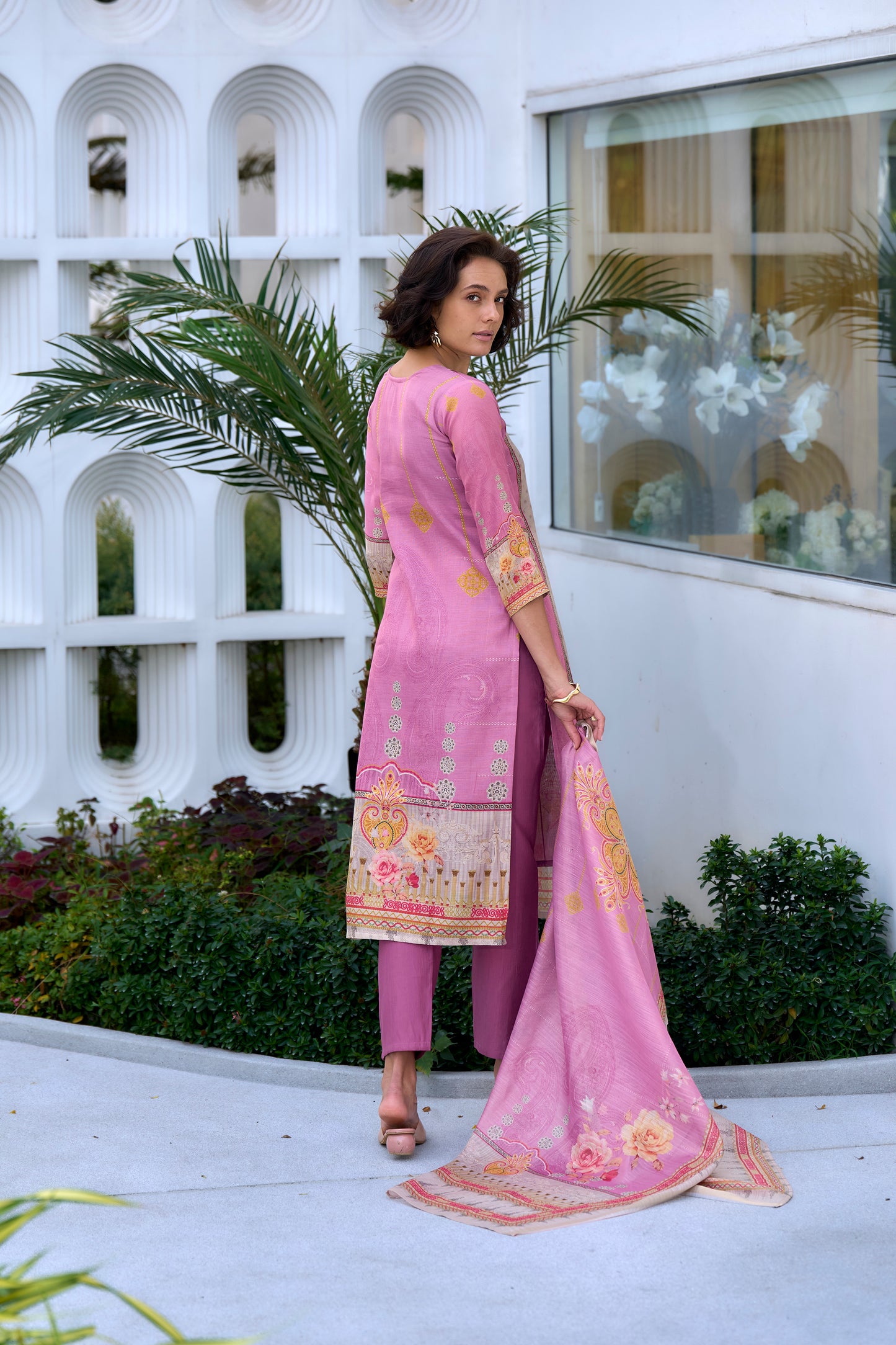 Elegant Pink Silk Blend Kurta Set with Embroidered Neckline & Dupatta
