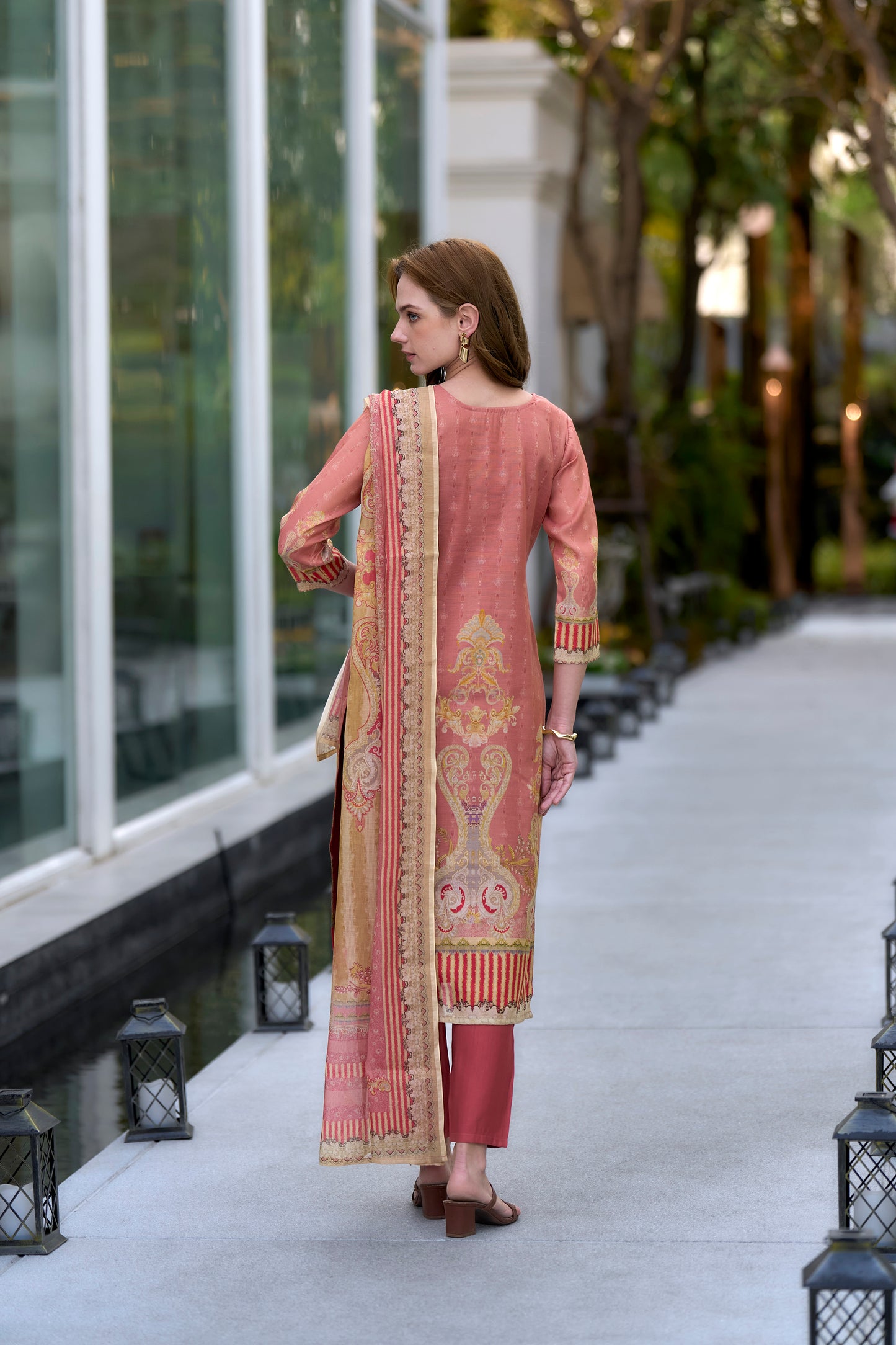 Elegant Peach Silk Blend Kurta Set with Embroidered Neckline & Dupatta