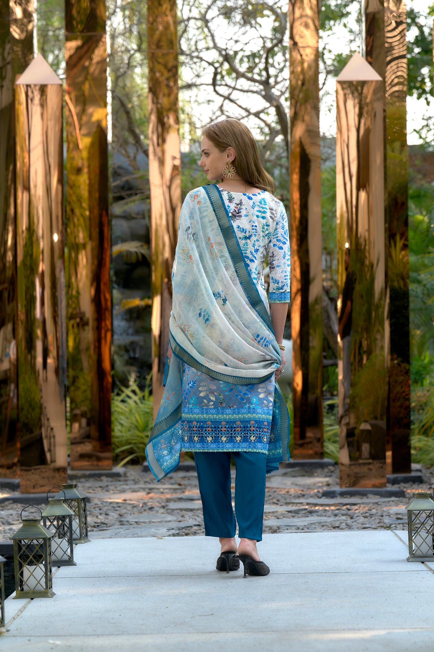 White & Blue Printed Cotton Kurta Set with Embroidered Neckline and Linen Dupatta
