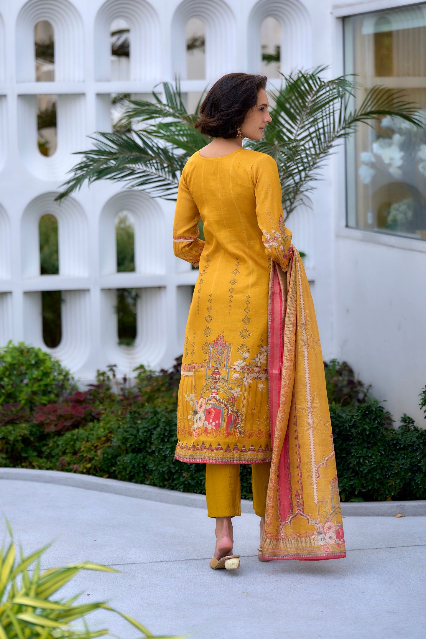 Vibrant Yellow Silk Blend Kurta Set with Embroidered Neckline & Dupatta