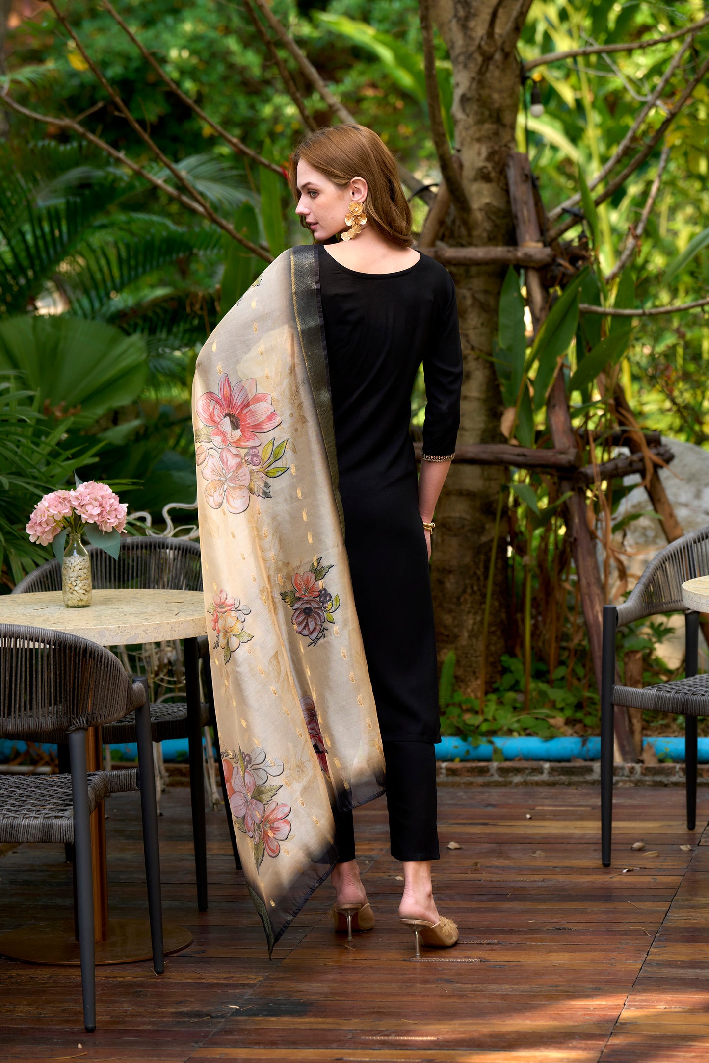 Black Embroidered Viscose-Rayon Kurta Set with Printed Organza Dupatta
