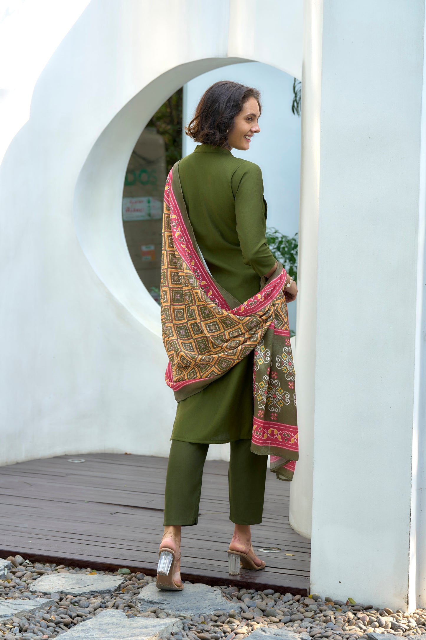 Green Vatican Kurta Set with Embroidered Neckline & Chinnon Dupatta