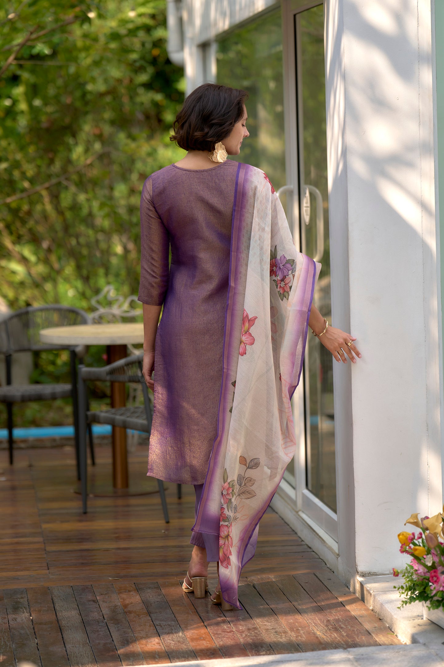 Light Purple Tissue Kurta Set with Embroidered Neckline & Matching Dupatta