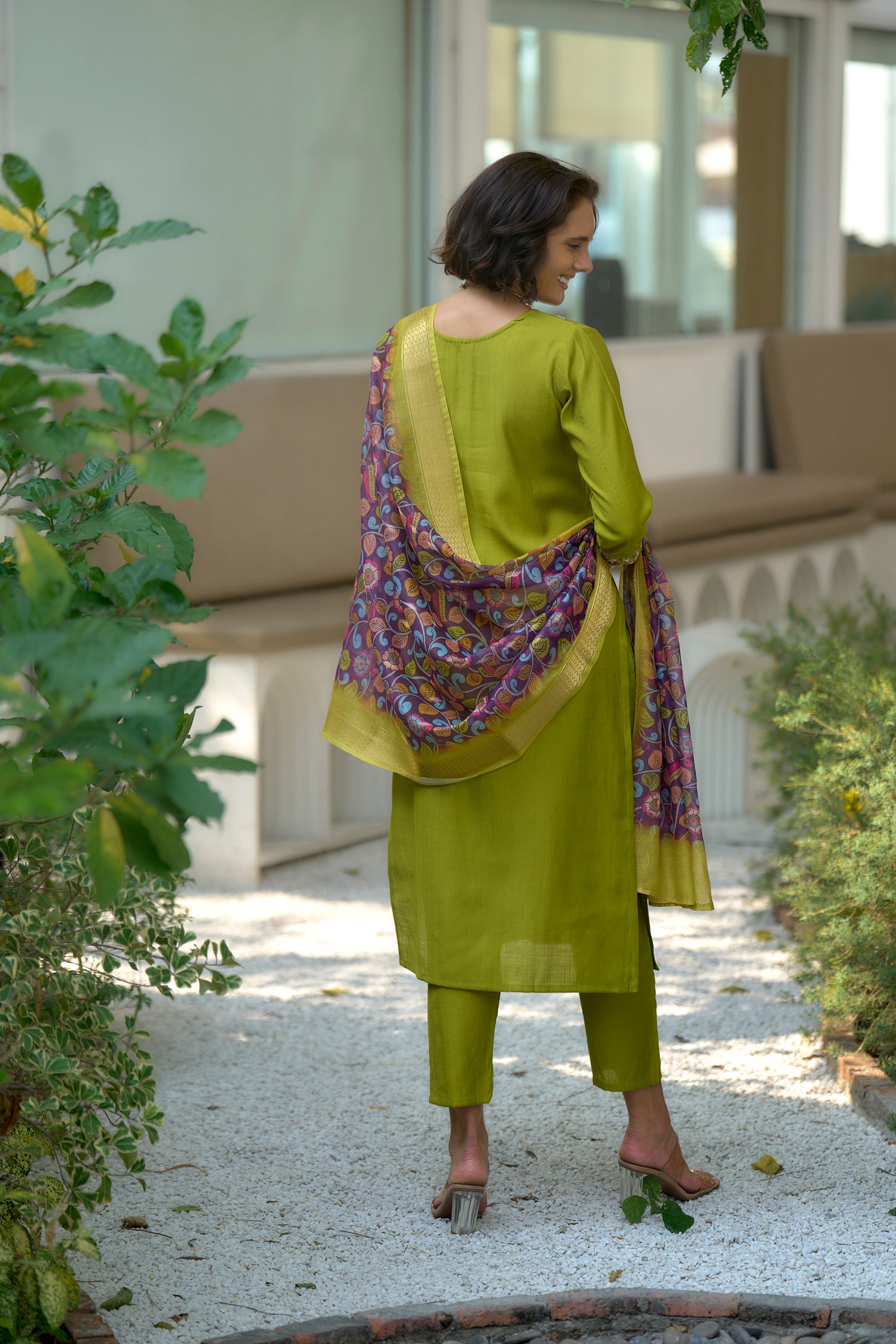 Lime Green Vatican Kurta Set with Embroidered Neckline & Chanderi Butti Dupatta