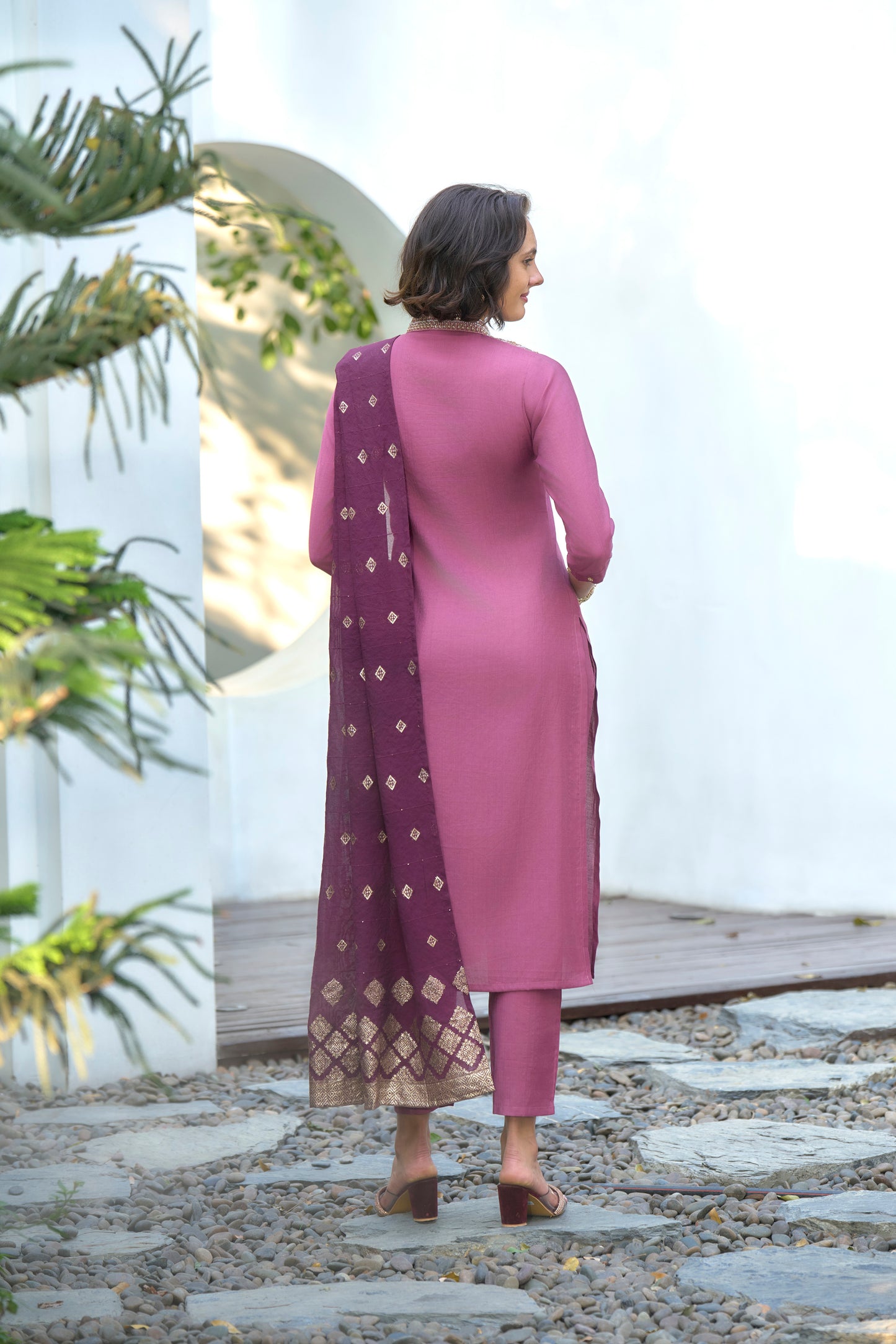 Pink Vatican Kurta Set with Embroidered Neckline & Chanderi Jacquard Dupatta