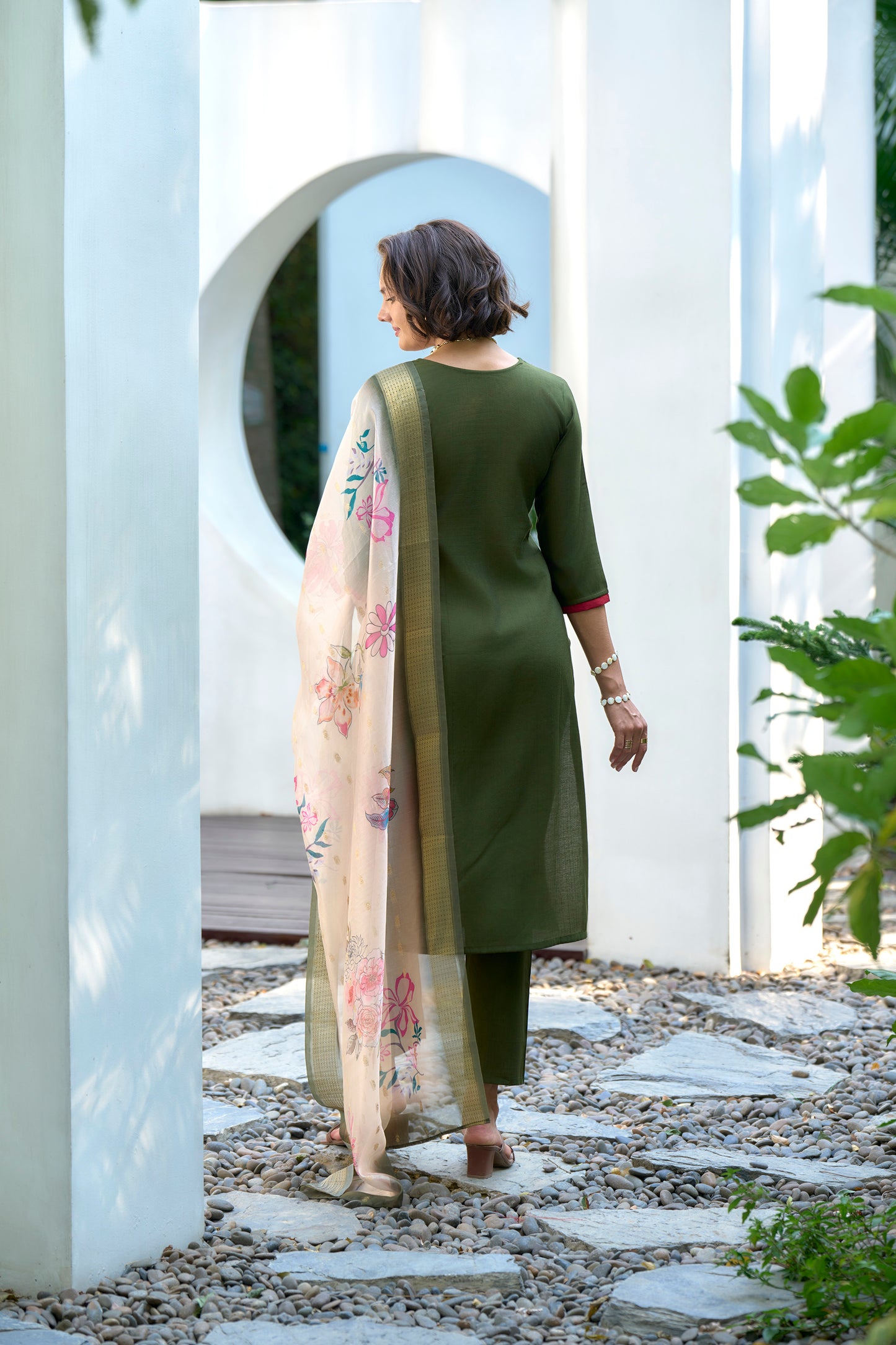 Mehendi Green Vatican Kurta Set with Embroidered Neckline & Organza Butti Dupatta