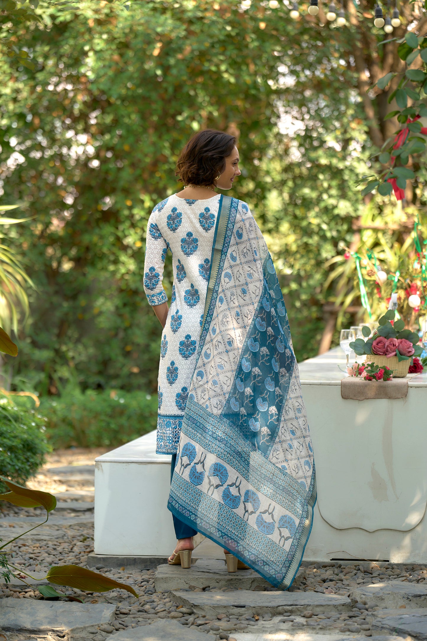 White Cotton Printed Kurta Set with Embroidered Neckline & Linen Dupatta