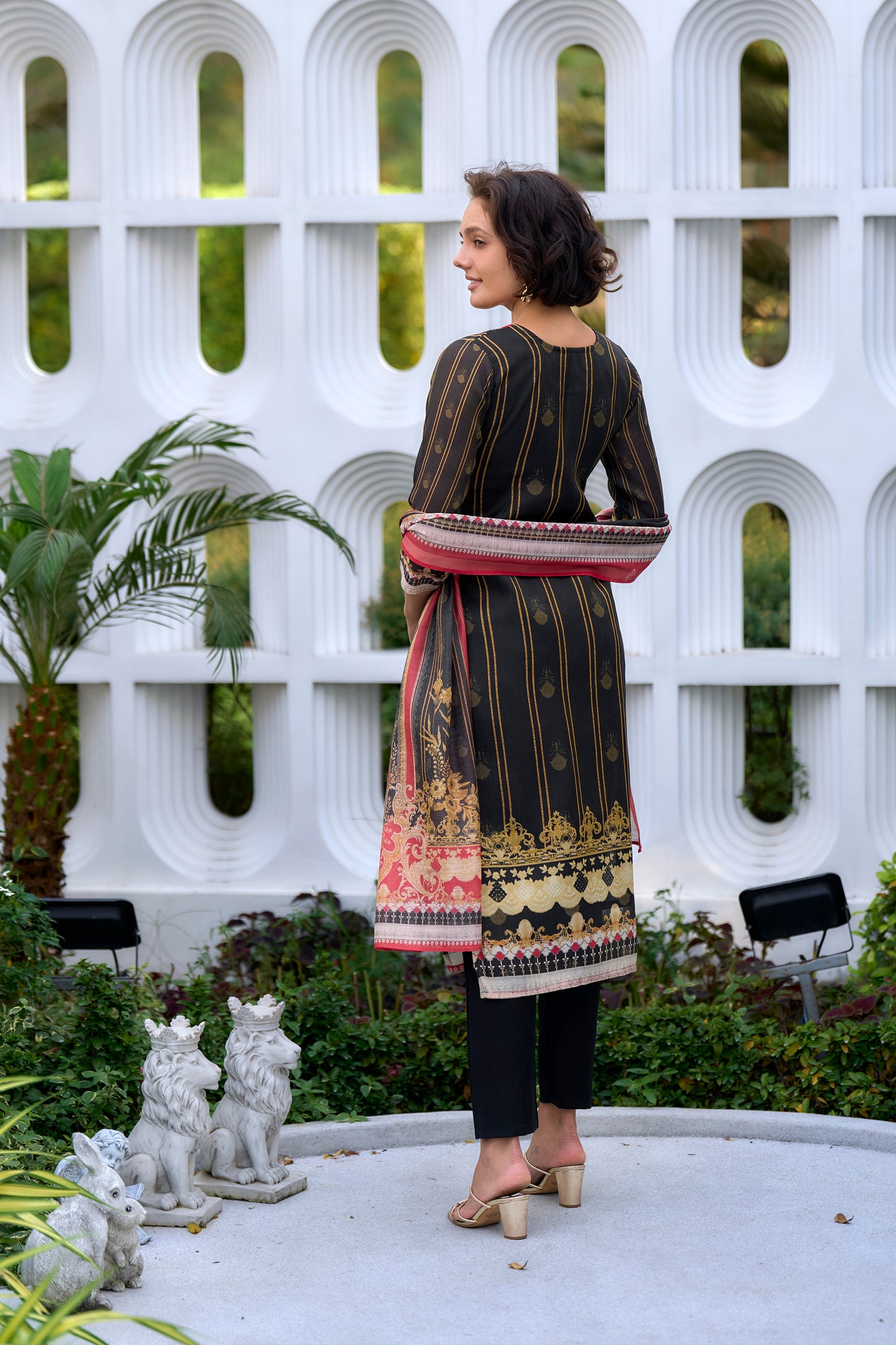 Elegant Black Silk Blend Kurta Set with Embroidered Neckline & Dupatta