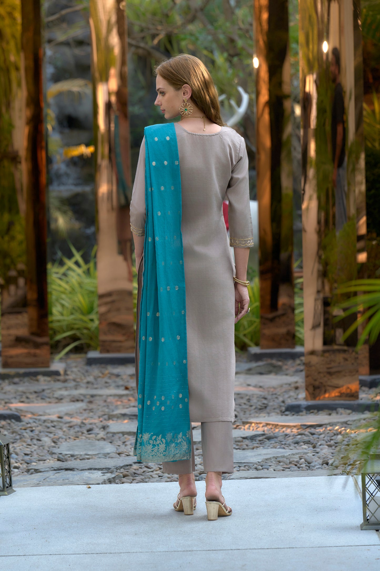 Brown Vatican Kurta Set with Embroidered Neckline & Chanderi Jcard Dupatta