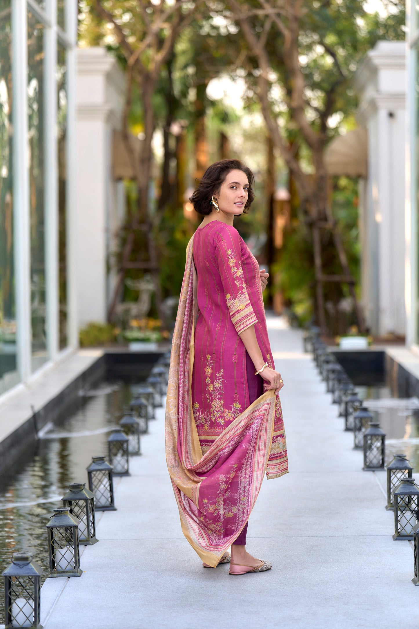 Pink Silk Blend Kurta Set with Embroidered Neckline & Matching Dupatta