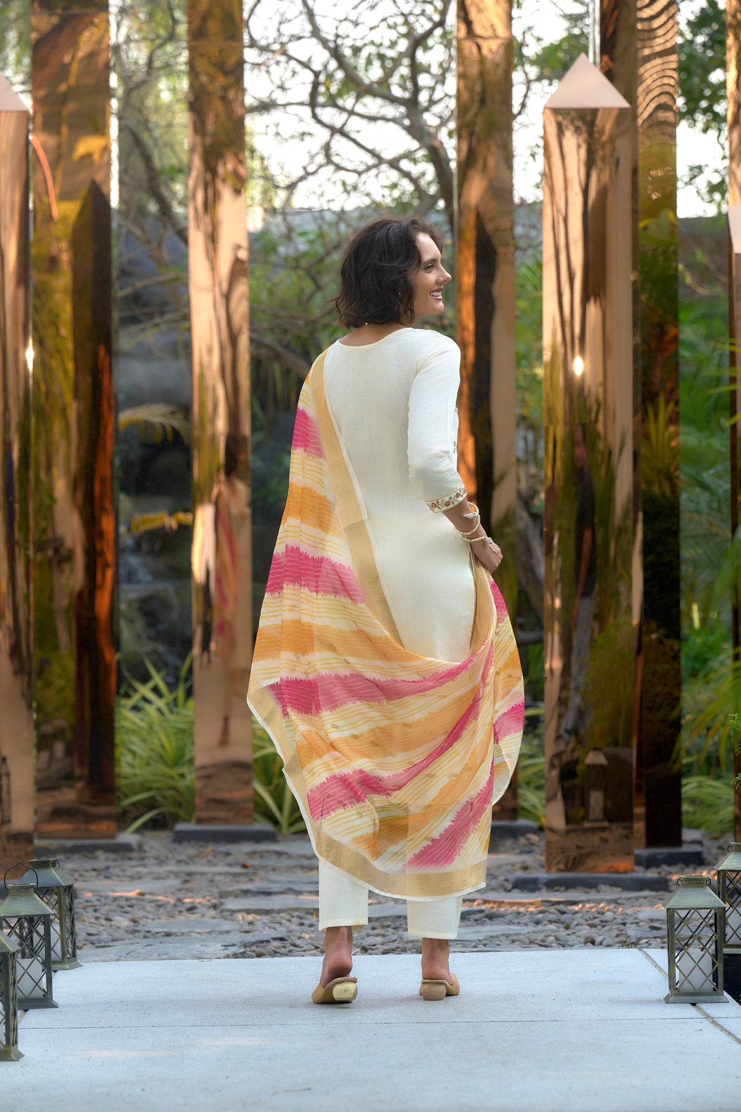 Cream Vatican Kurta Set with Embroidered Neckline & Chanderi Butti Dupatta