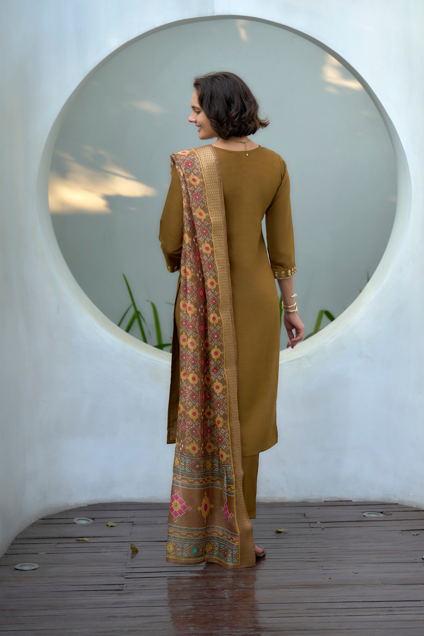 Brown Vatican Kurta Set with Embroidered Neckline & Chanderi Butti Dupatta