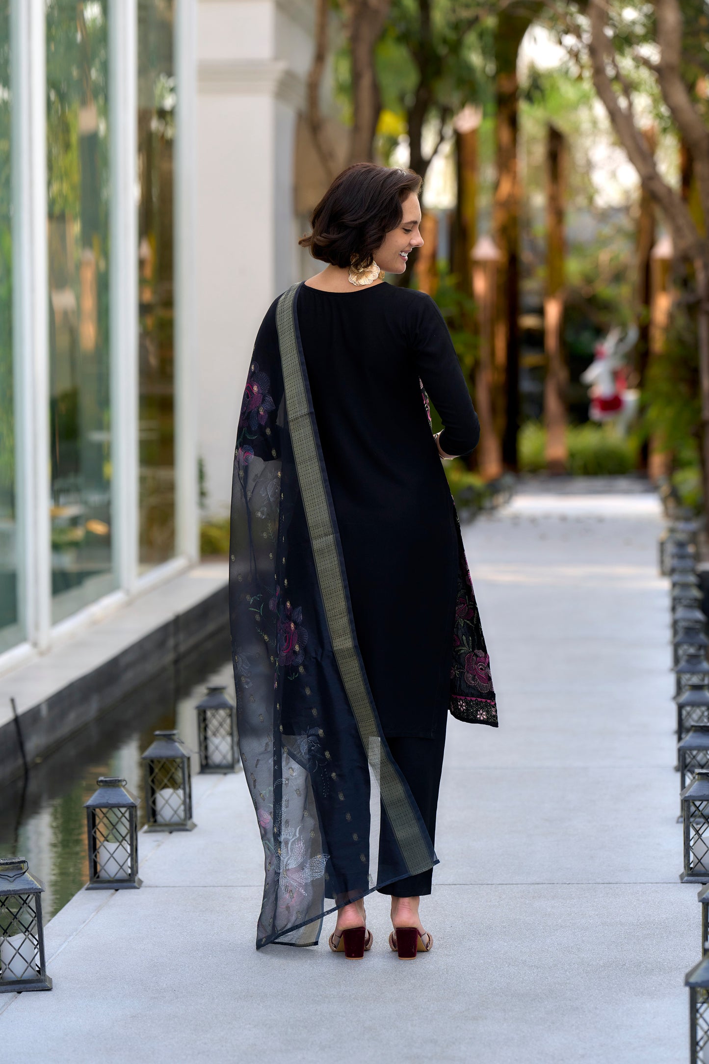 Navy Blue Embroidered Rayon Kurta Set with Organza Butti Dupatta