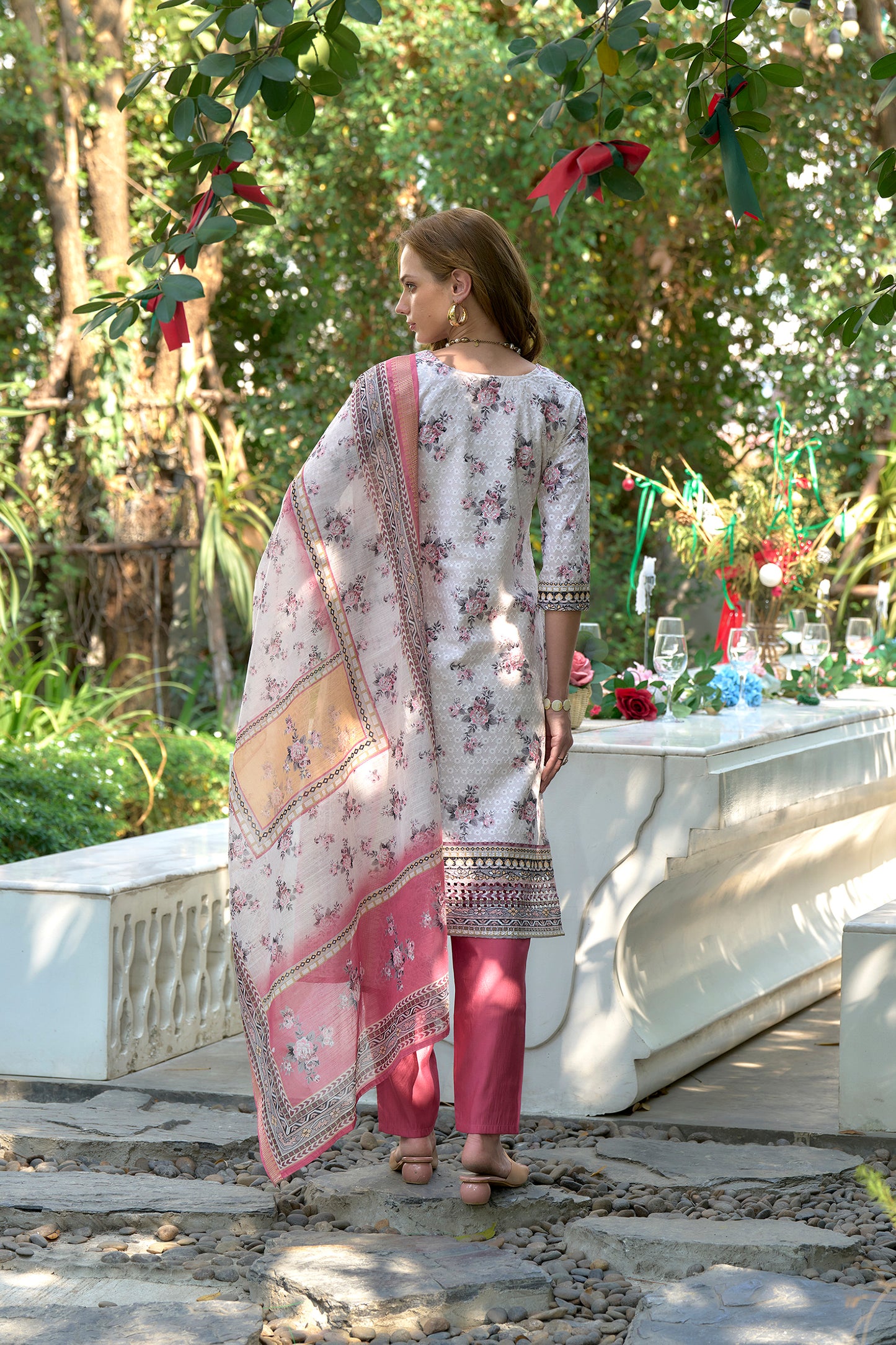 White Cotton Printed Kurta Set with Embroidered Neckline & Linen Dupatta
