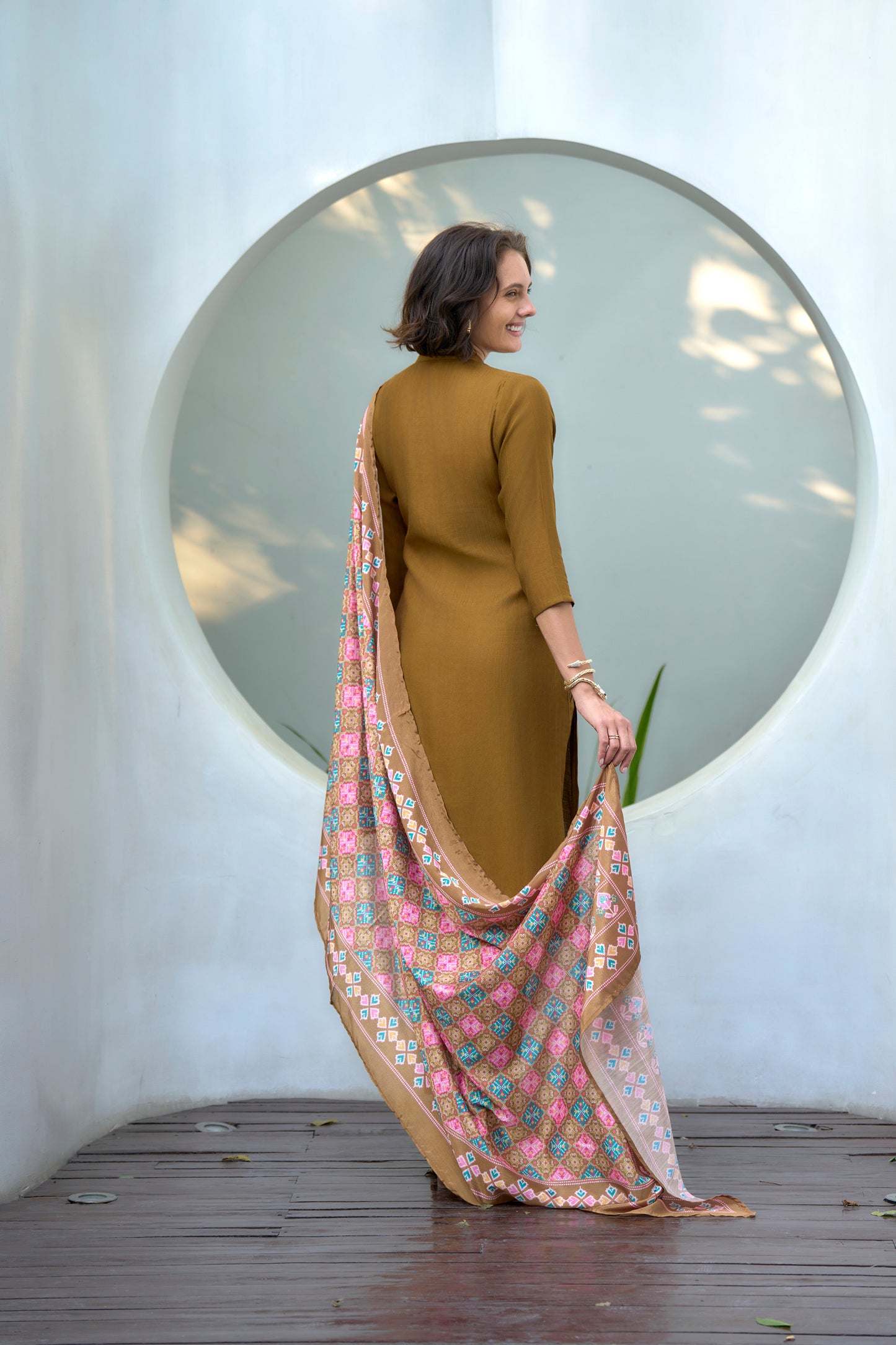 Mustard Yellow Vatican Kurta Set with Embroidered Neckline & Chinnon Dupatta